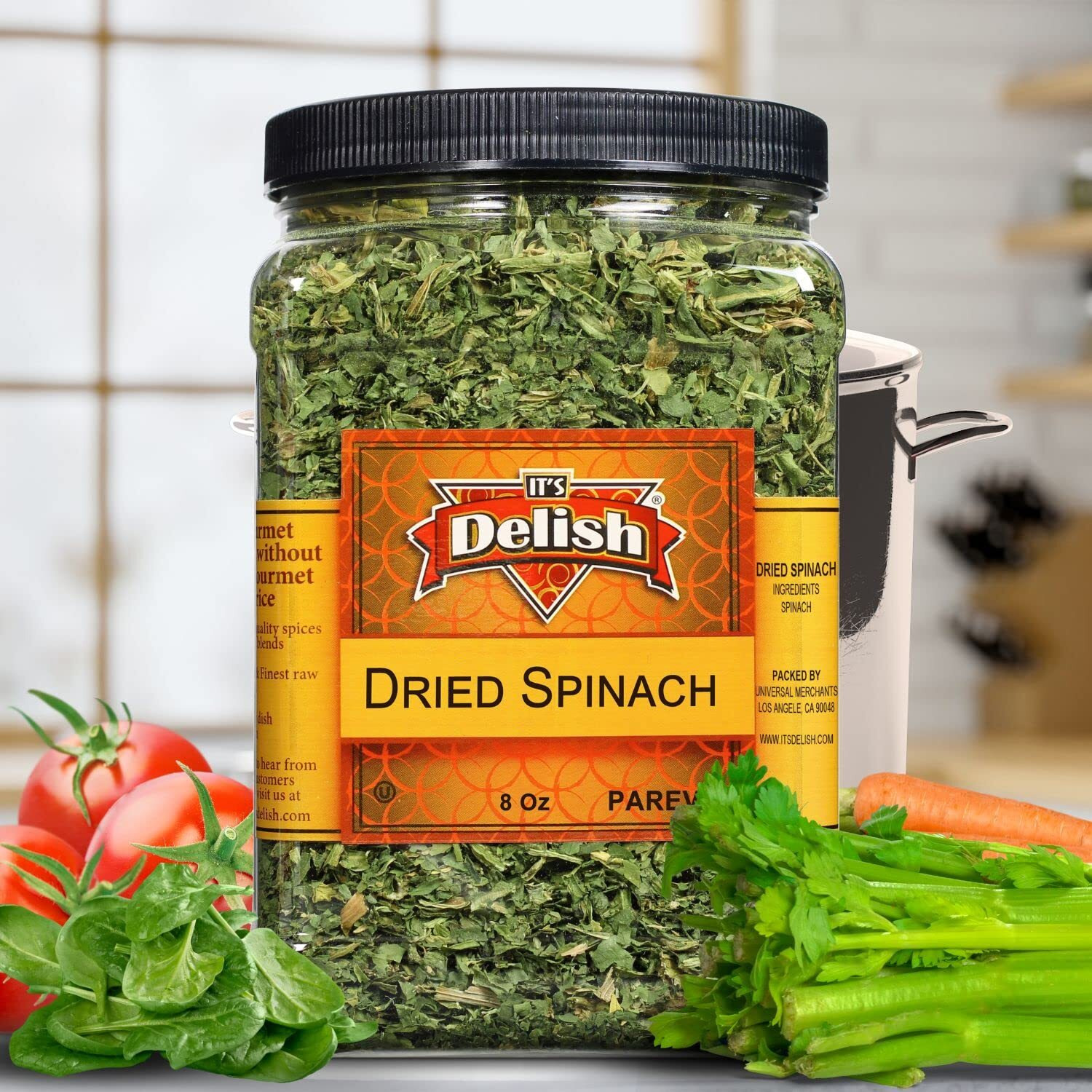 Gourmet Chopped Dried Spinach Flakes By Its Delish, 8 Oz Jumbo Reusable Container | Premium Natural Dehydrated Spinach Leaves For Cooking, Camping, Backpacking - Easy To Use For Sauces, Soup, Dips