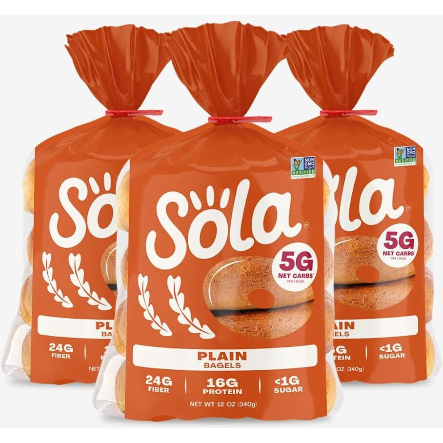 Sola Plain Bagels, Low Carb & Keto Friendly, 16G Of Protein Per Bagel & 5G Net Carbs, Non-Gmo, No Sugar Added, 12 Oz, (4 Bagels Per Pack), (Pack Of 3)
