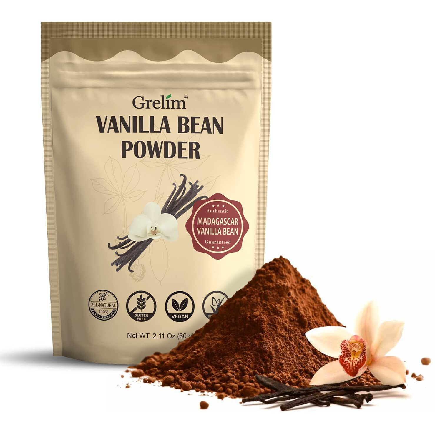 Grelim Vanilla Bean Powder, 100% Pure Ground Madagascar Vanilla Powder Gluten-Free No Fillers Or Additives Great For Baking, Coffee, Smoothies 2.11 Oz (60 G)