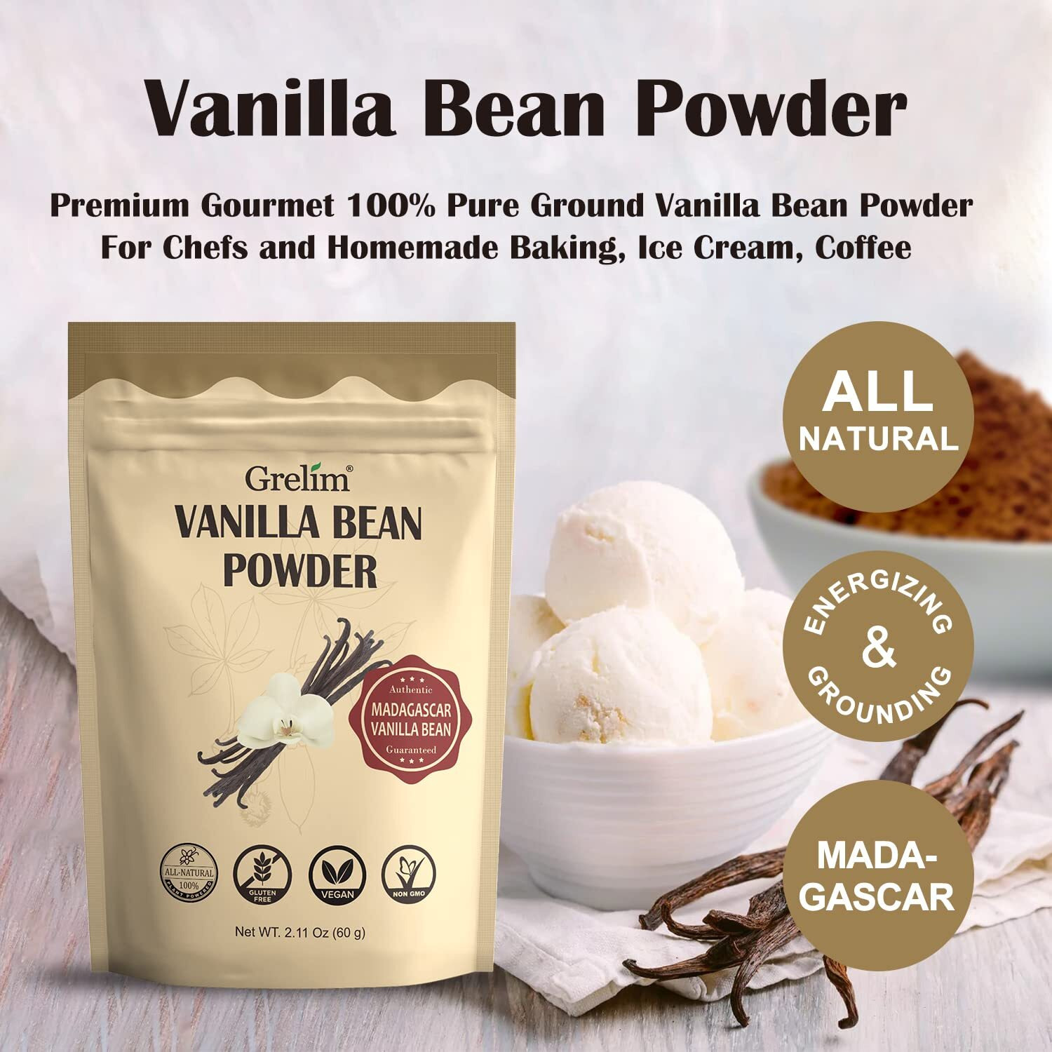 Grelim Vanilla Bean Powder, 100% Pure Ground Madagascar Vanilla Powder Gluten-Free No Fillers Or Additives Great For Baking, Coffee, Smoothies 2.11 Oz (60 G)
