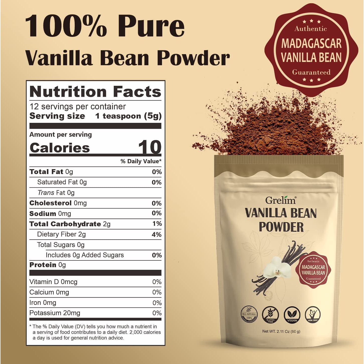 Grelim Vanilla Bean Powder, 100% Pure Ground Madagascar Vanilla Powder Gluten-Free No Fillers Or Additives Great For Baking, Coffee, Smoothies 2.11 Oz (60 G)