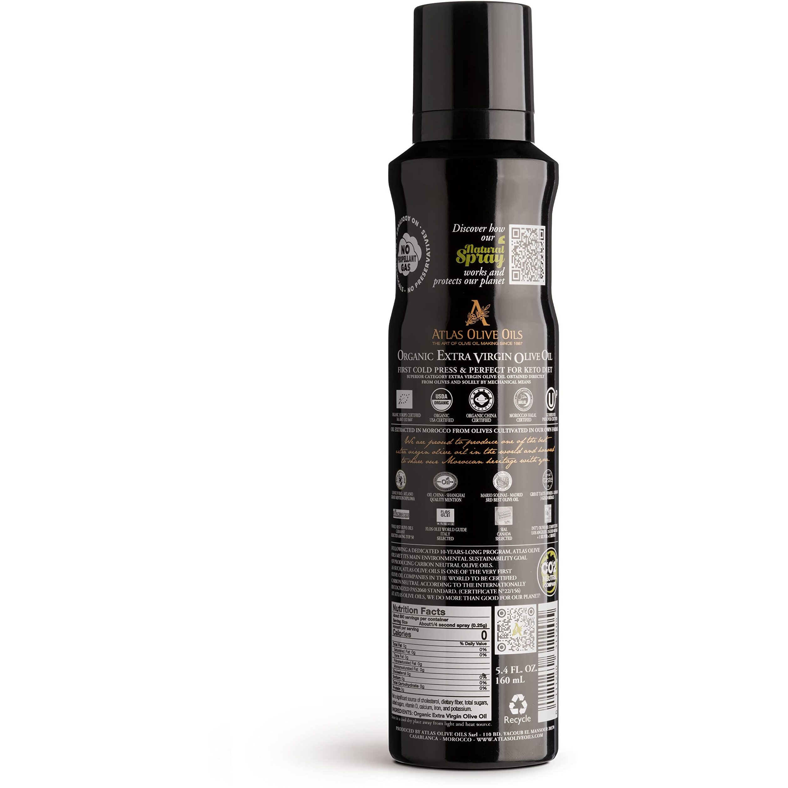Organic Extra Virgin Olive Oil Spray, Polyphenol Rich Moroccan Oil, Cooking Spray Non Stick, Cold Pressed Evoo Oil, Hydroxytyrosol Keto Olive Oil, 5.4 Fl Oz. Bottle