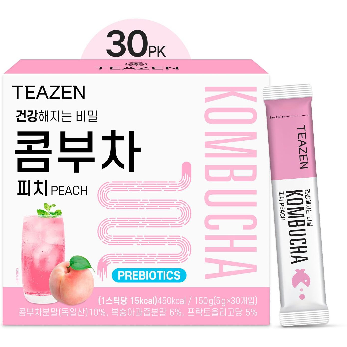 Teazen Peach Kombucha Tea, Hydration Drink Mix, Sugar Free, Live Probiotics & Prebiotics, 30 Sticks, 5.29Oz