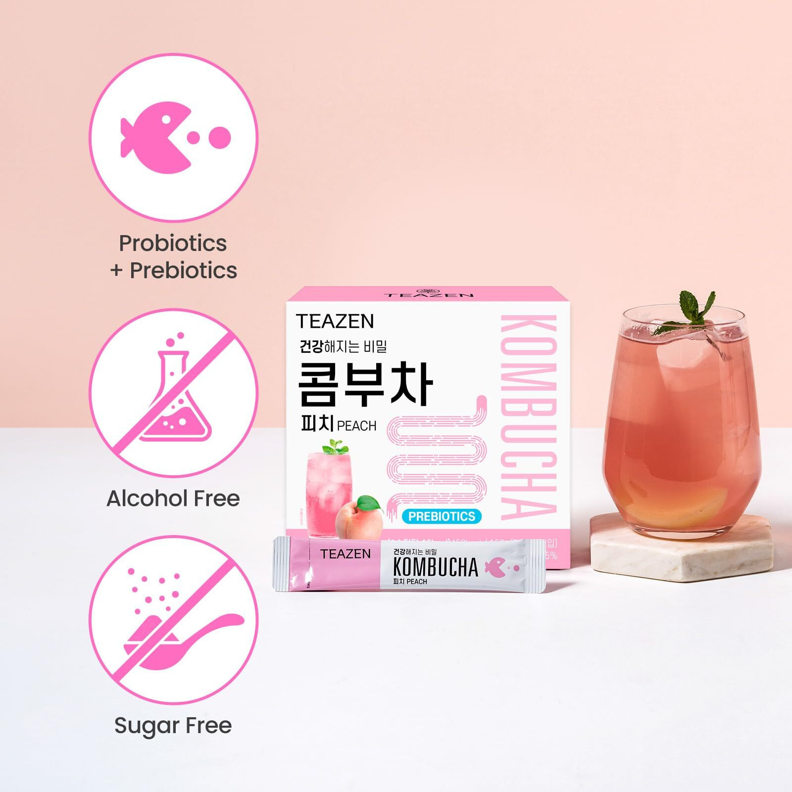 Teazen Peach Kombucha Tea, Hydration Drink Mix, Sugar Free, Live Probiotics & Prebiotics, 30 Sticks, 5.29Oz