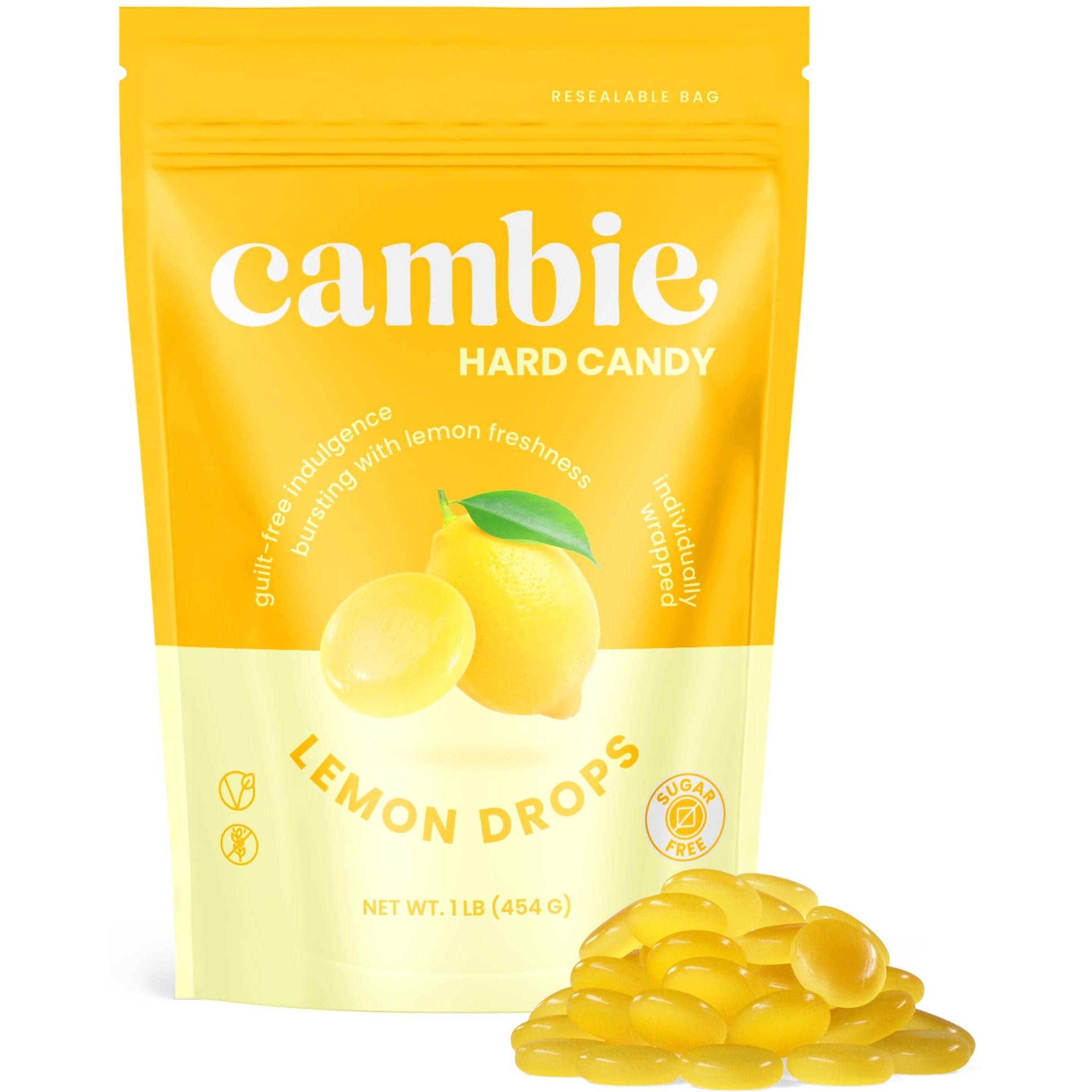 Sugar Free Lemon Drops By Cambie,1 Lb Of Lemon Flavored Sugar Free Candy, Individually Wrapped Bon Bons, Keto Friendly Candy, 1 Lb