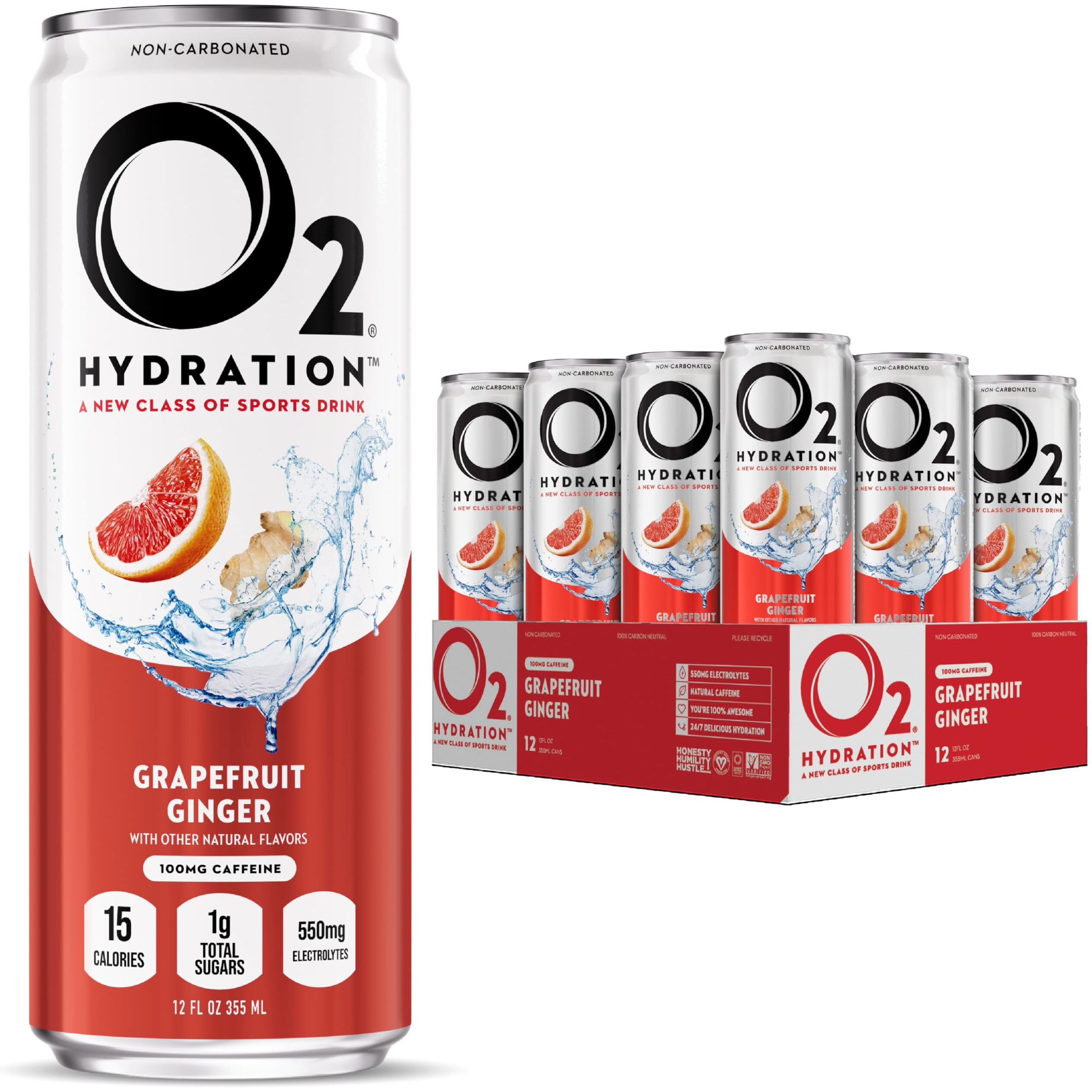 O2 Grapefruit Ginger Post Workout Recovery Drink - Caffeinated Electrolyte Drink For Daily Hydration