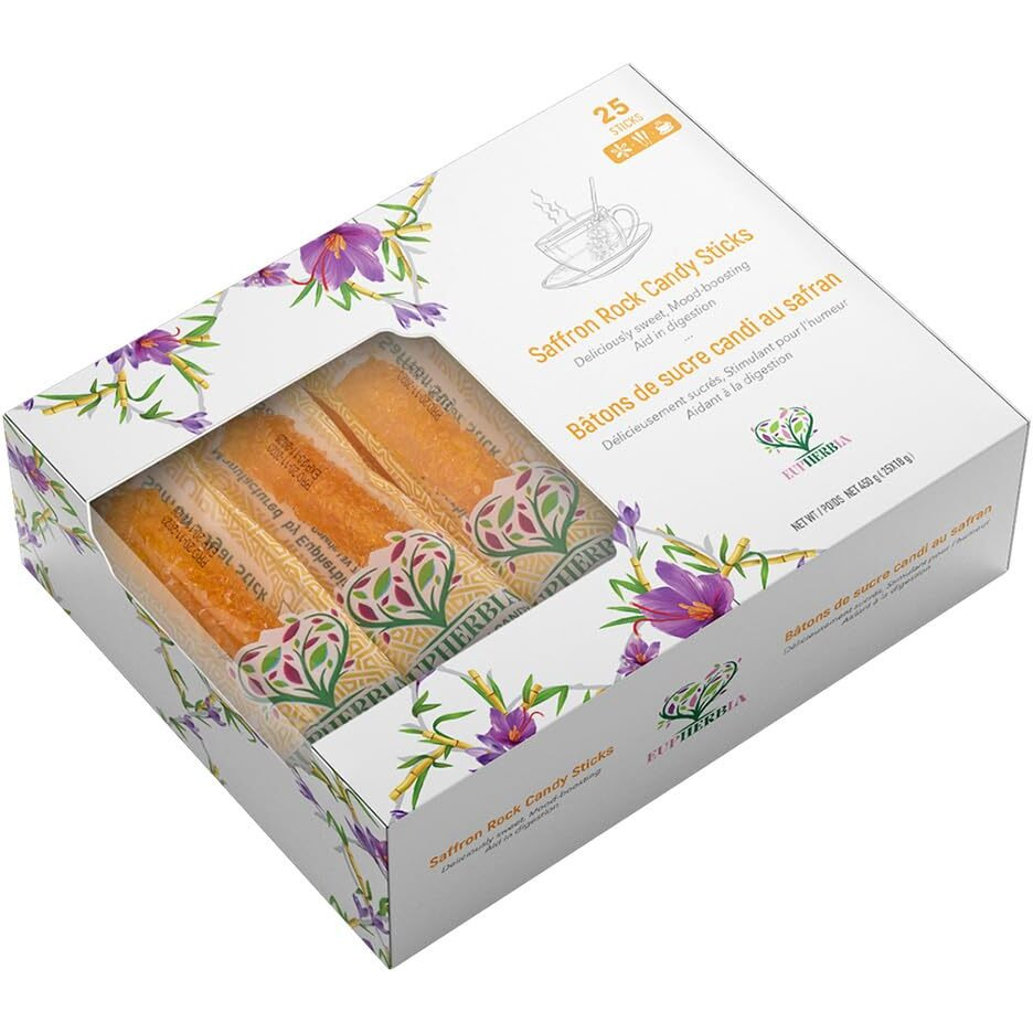 Eupherbia Saffron Rock Candy Sticks, 25 Pack, Pure Crystalline Elegance, Handcrafted Sweetness, Sugar Rock Candy (Nabat) Infused With Pure Grade A+ Saffron Threads, Ideal For Tea, Coffee, Milk, And All Your Favorite Hot Beverages, 16Oz, 450 Gram (25X18G)