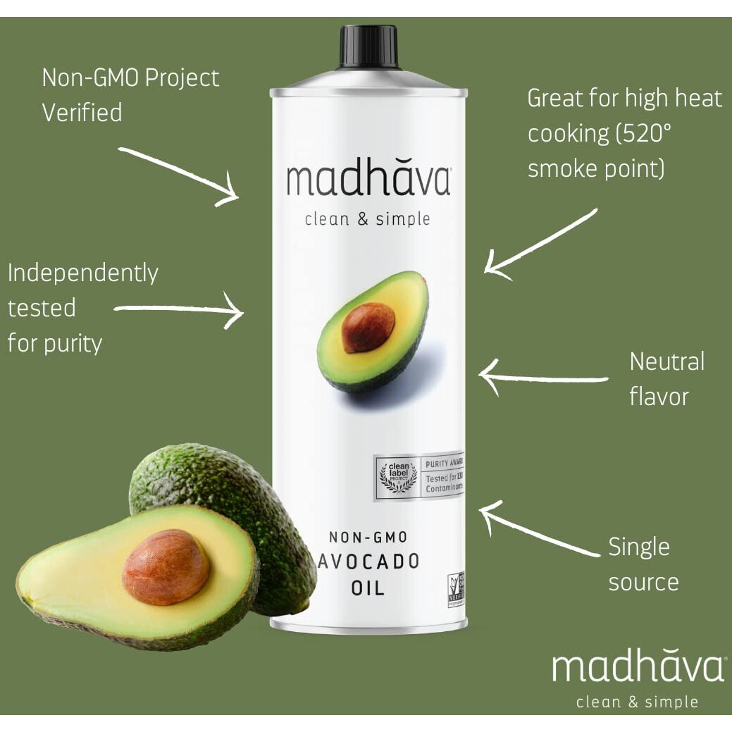 Madhava Avocado Oil (33.8 Oz, 1L Tin), Single Source, 100% Pure, Neutral Flavor, High Heat Cooking Oil, 520-Degree Smoke Point, Non-Gmo