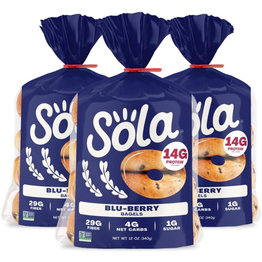 Sola Low Carb & Keto Friendly Bagels, Blu-Berry - 5G Net Carbs & 15G Of Protein, No Added Sugar, Plant Based, Low Calorie Bagels - 12 Oz (4 Bagels/Pack) (Pack Of 3)