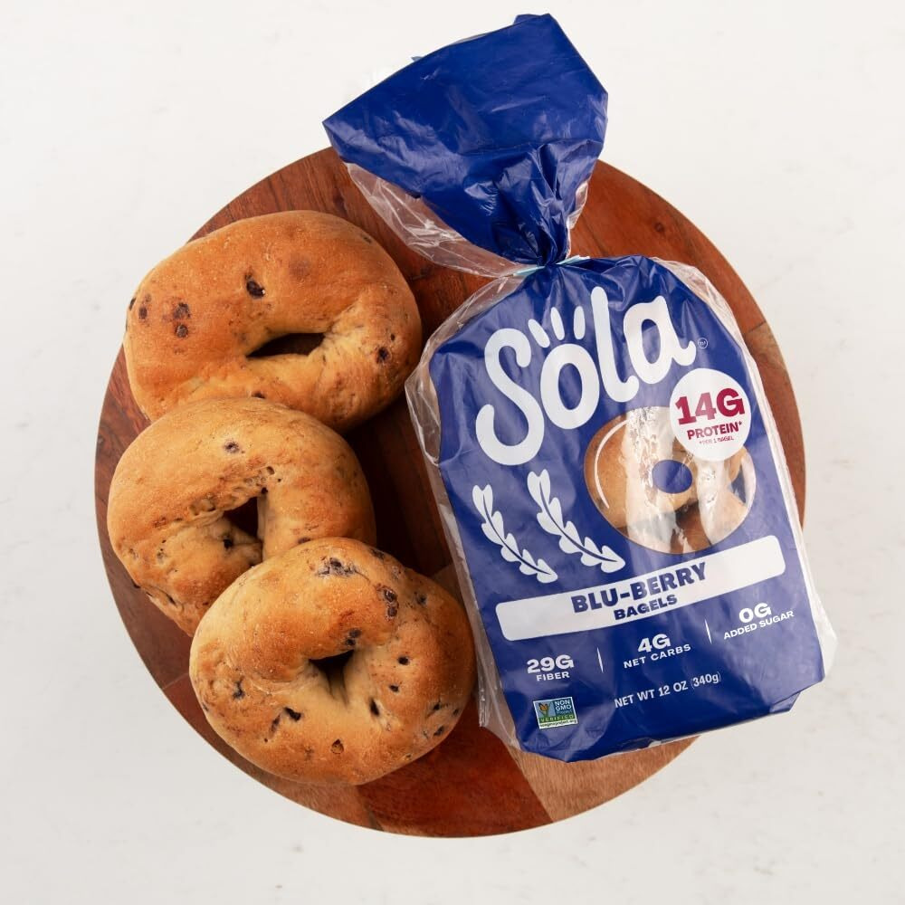 Sola Low Carb & Keto Friendly Bagels, Blu-Berry - 5G Net Carbs & 15G Of Protein, No Added Sugar, Plant Based, Low Calorie Bagels - 12 Oz (4 Bagels/Pack) (Pack Of 3)