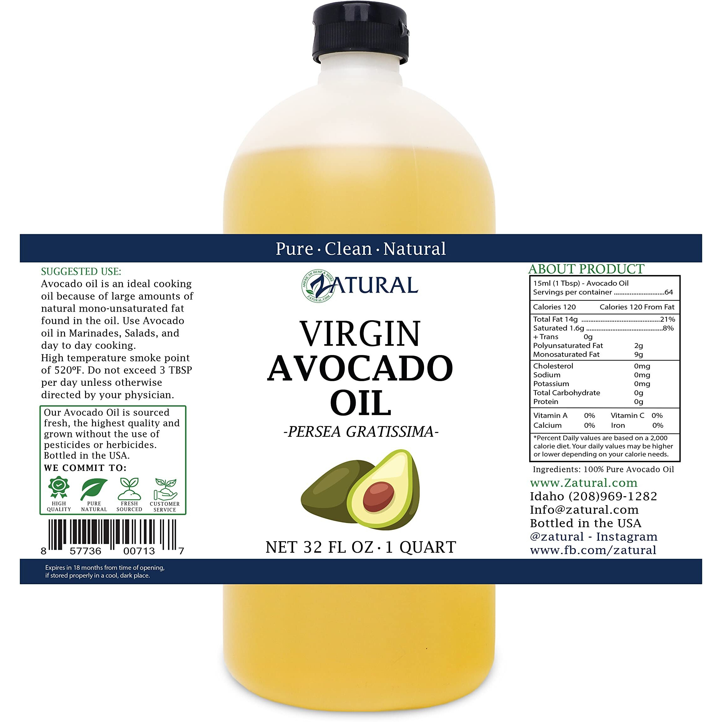 Zatural Virgin 100% Pure Natural Avocado Oil Without Additives, Clean, Cold Pressed, Non-Gmo, Vegan For Cooking, Frying, Baking And For Sauces, Dressings, Marinades, Salads (32 Ounce)