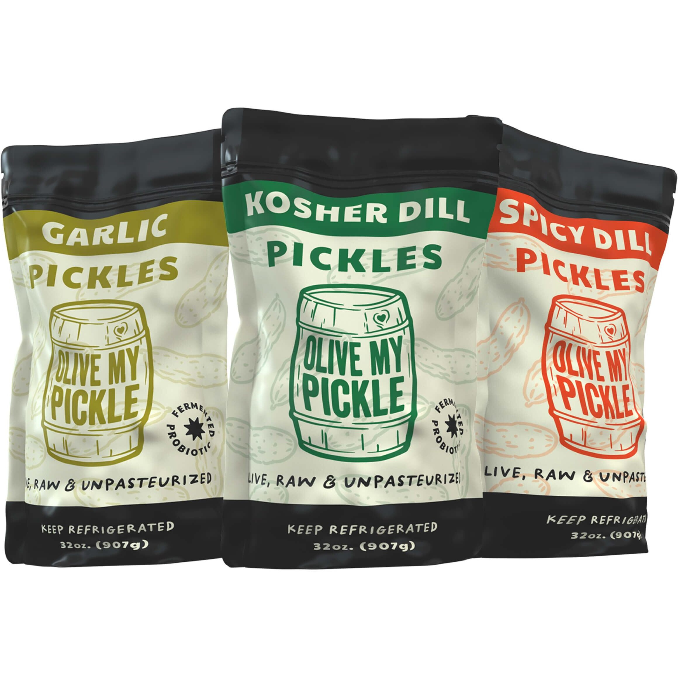 Olive My Pickle Fermented Pickles Probiotic Variety Pack - 96 Ounces | 3-Pack Bundle Of Kosher Dill, Garlic, Spicy Kosher Dill Pickles And Brine With Digestive Enzymes For Gut Health - 32 Oz Per Bag