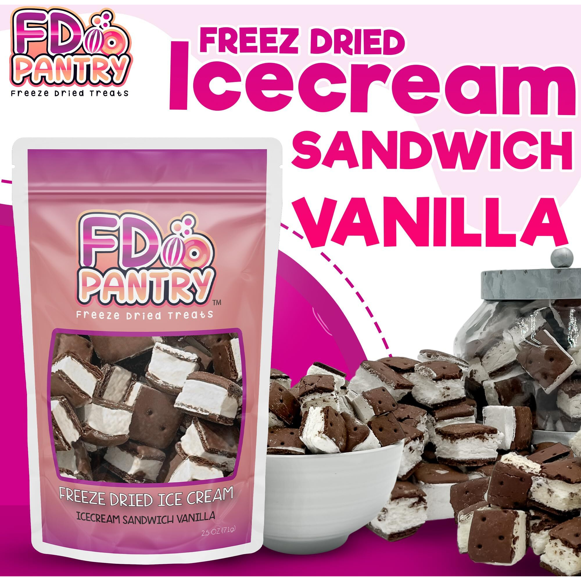 Freeze Dried Ice Cream Sandwich Bites - Vanilla - Crunchy & Sweet Snack 2.5Oz Freeze-Dried Space Ice-Cream Pack Dehydrated Resealable Gift Bag