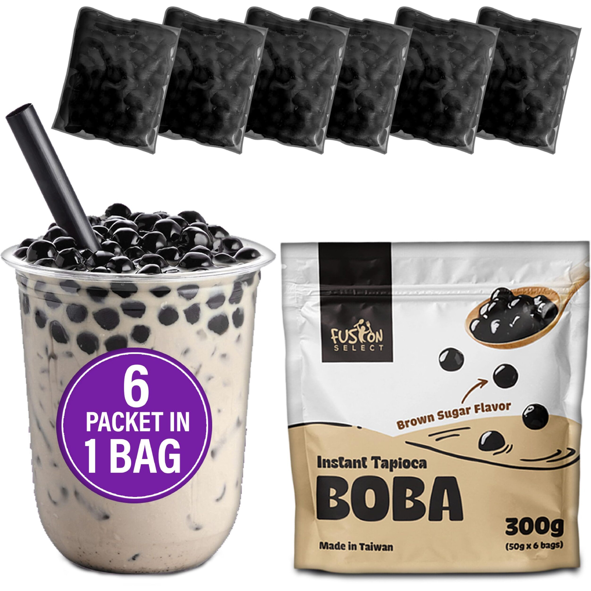 Fusion Select Instant Boba - No-Cook Instant Tapioca Pearls For Bubble Tea Drinks, Hot Or Cold Sweet Milk Beverage - Microwave Or Heat With Boiling Water - Real Brown Sugar Flavored Balls (6)