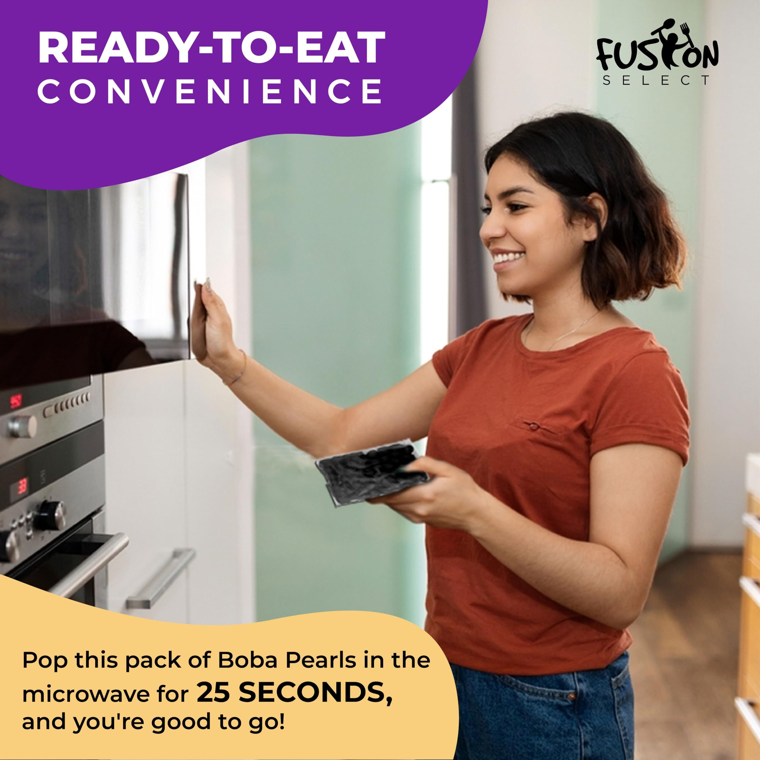 Fusion Select Instant Boba - No-Cook Instant Tapioca Pearls For Bubble Tea Drinks, Hot Or Cold Sweet Milk Beverage - Microwave Or Heat With Boiling Water - Real Brown Sugar Flavored Balls (6)