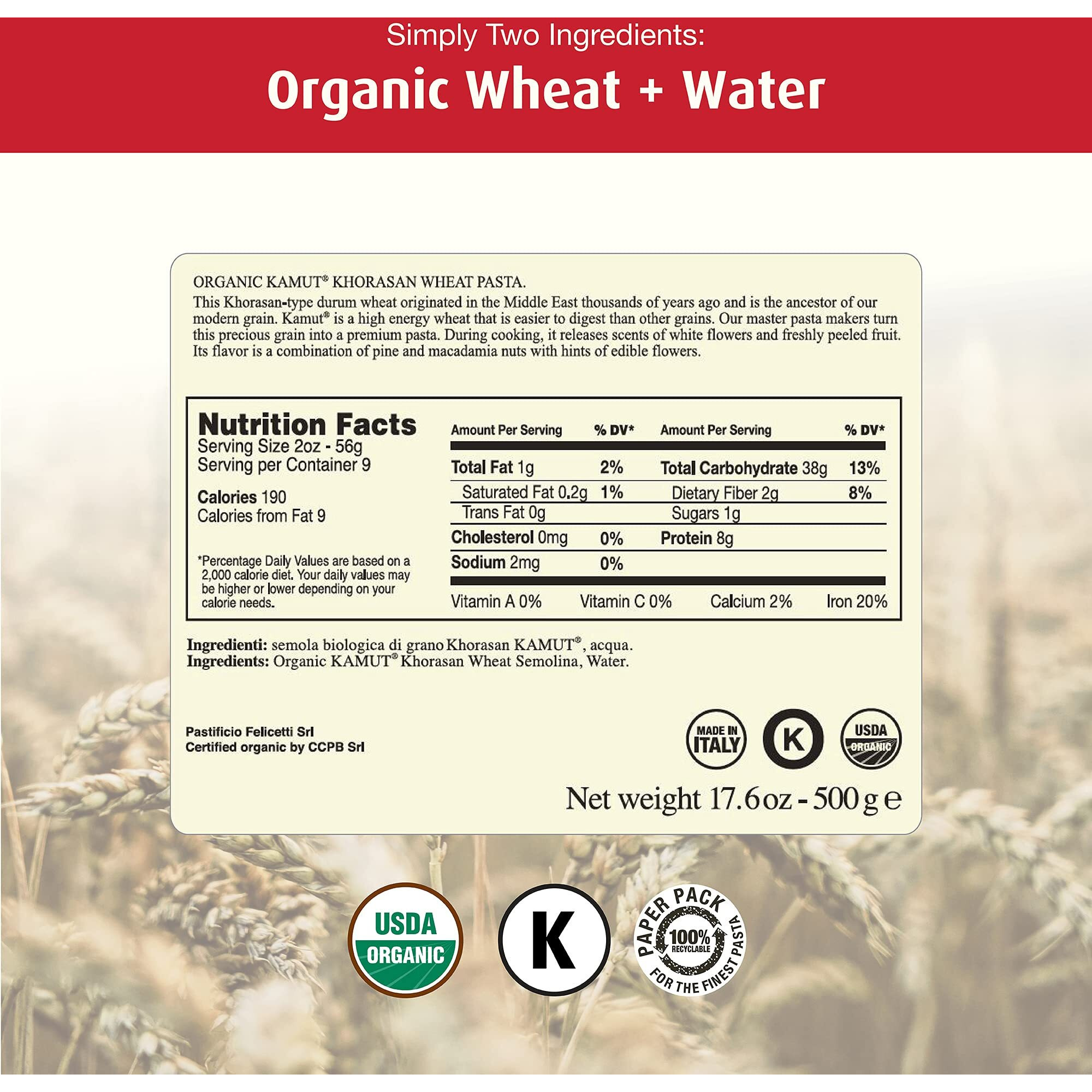 Monograno Felicetti Kamut Spaghetti Pasta Italian Organic Non-Gmo 17.6Oz (500G) 2 Pack