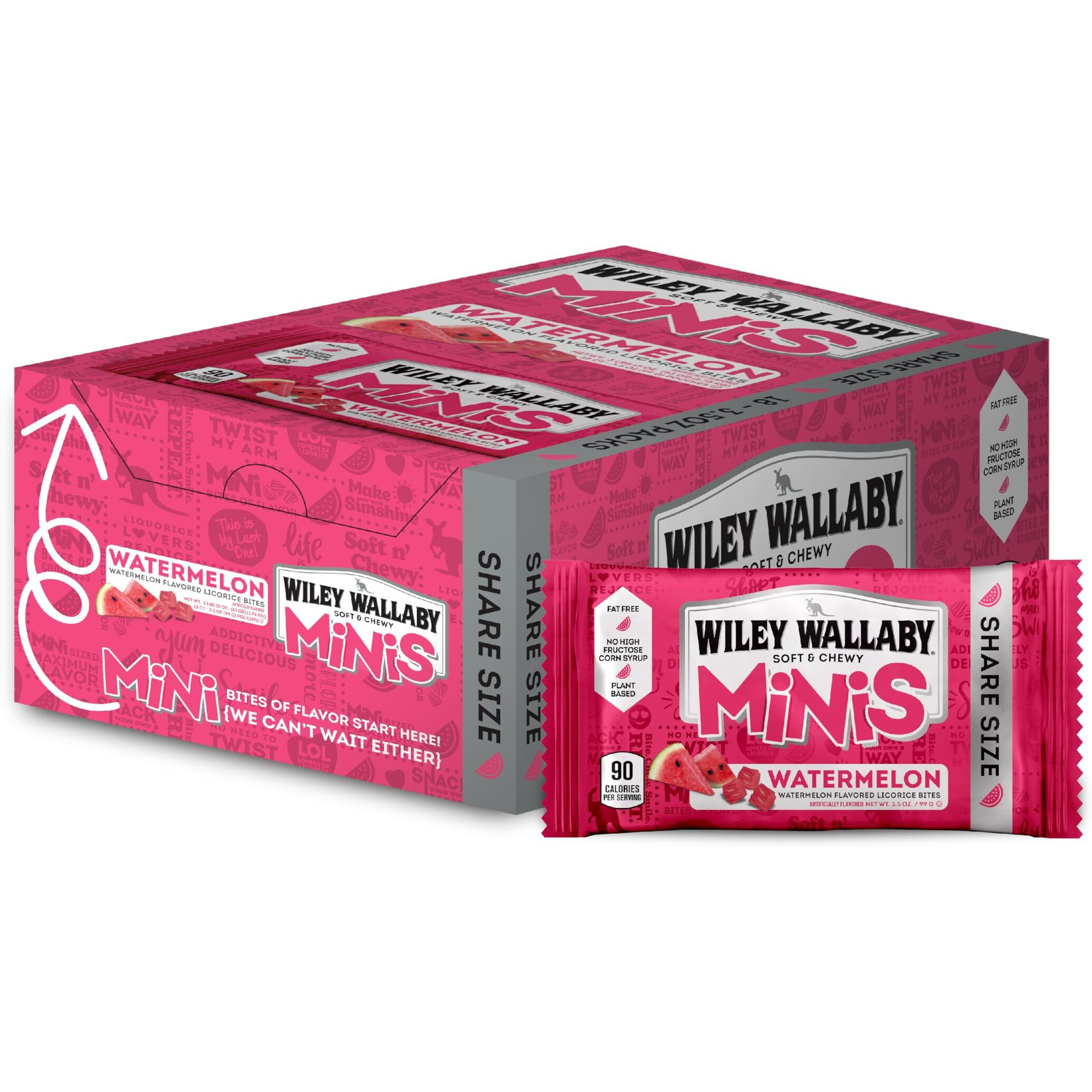 Wiley Wallaby Mini Licorice Bites 3.5 Ounce Classic Gourmet Soft & Chewy Australian Watermelon Licorice Candy Bags, 18 Pack