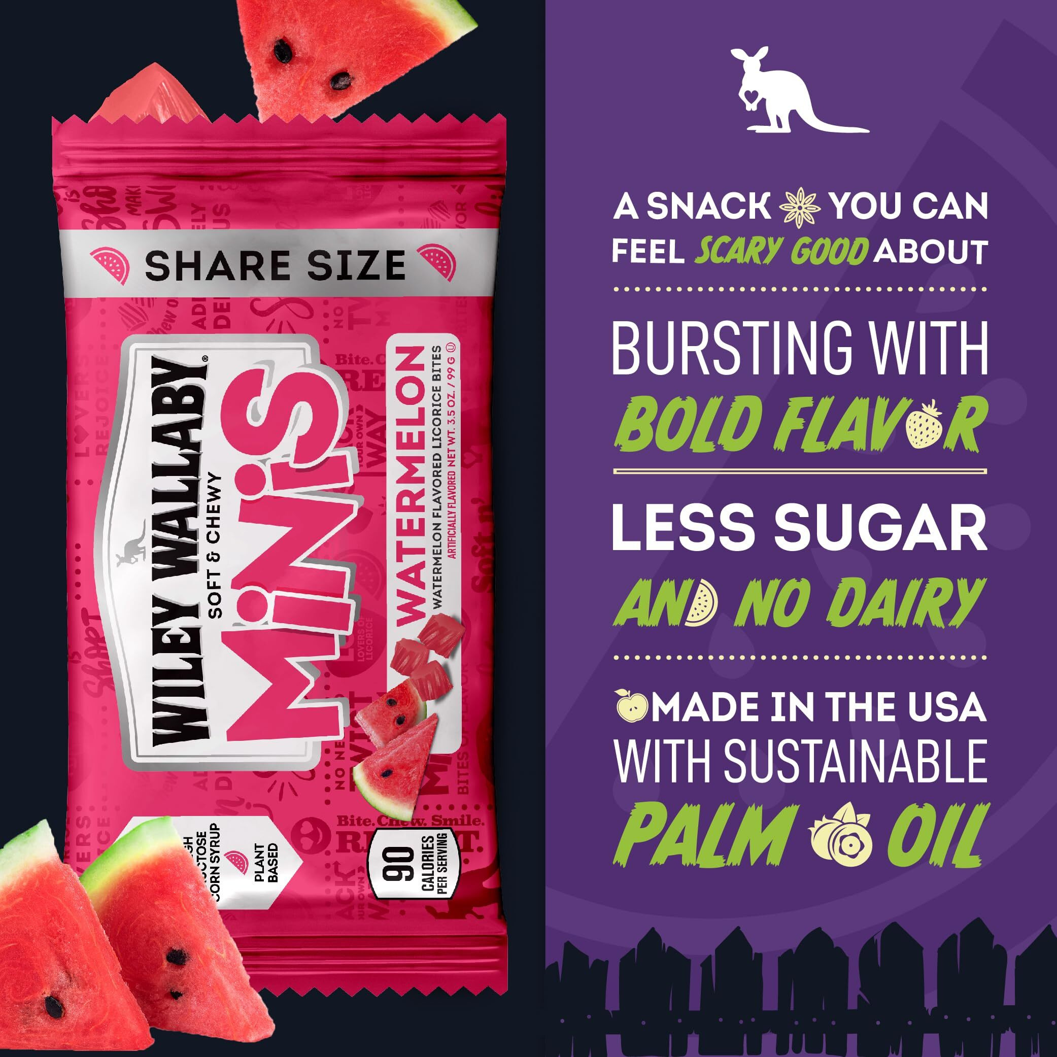 Wiley Wallaby Mini Licorice Bites 3.5 Ounce Classic Gourmet Soft & Chewy Australian Watermelon Licorice Candy Bags, 18 Pack