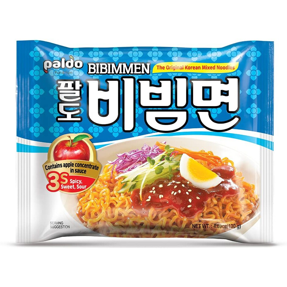Paldo Fun & Yum Bibim Men Instant Cold Noodles, Pack Of 5, Brothless Cold Ramen With Sweet & Spicy Seasoning Sauce, Oriental Style Korean Ramyun, Soupless K-Food, 130G X 5
