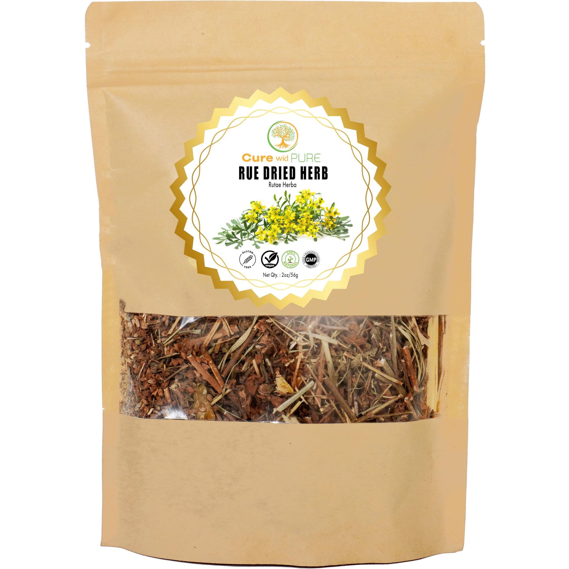 Cure Wid Pure Dried Rue Herb - Ruda Planta Natural In Eco-Friendly Resealable Pouch - Rich Taste & Aromatic Dried Rue Plant Herbal Tea 2 Oz/56 G