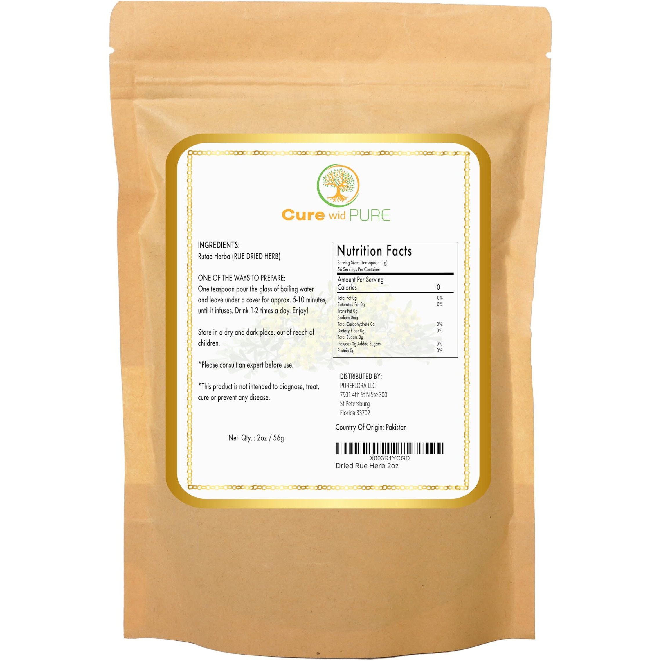 Cure Wid Pure Dried Rue Herb - Ruda Planta Natural In Eco-Friendly Resealable Pouch - Rich Taste & Aromatic Dried Rue Plant Herbal Tea 2 Oz/56 G