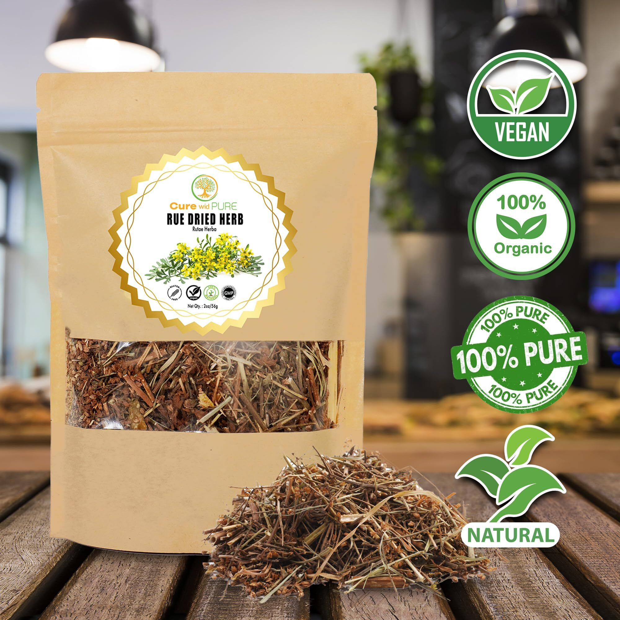 Cure Wid Pure Dried Rue Herb - Ruda Planta Natural In Eco-Friendly Resealable Pouch - Rich Taste & Aromatic Dried Rue Plant Herbal Tea 2 Oz/56 G