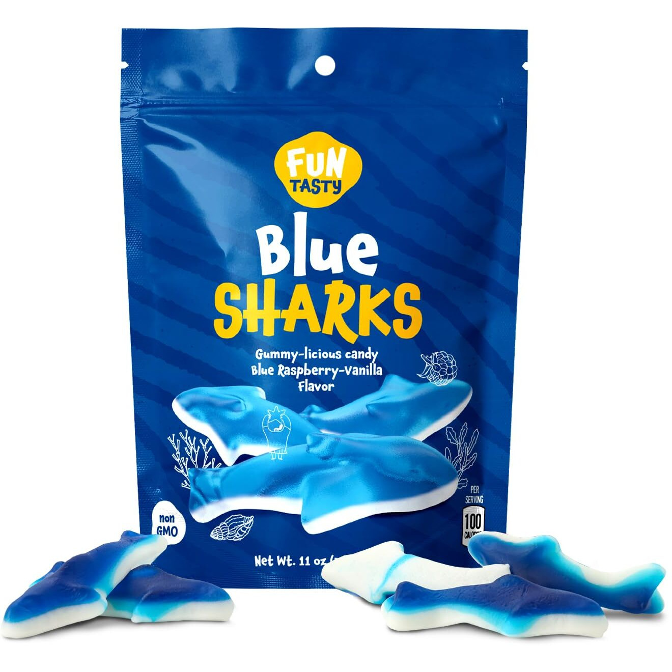 Funtasty Blue Sharks Gummy Candy, Blue Raspberry Marshmallow Flavor - 11-Ounce Bag