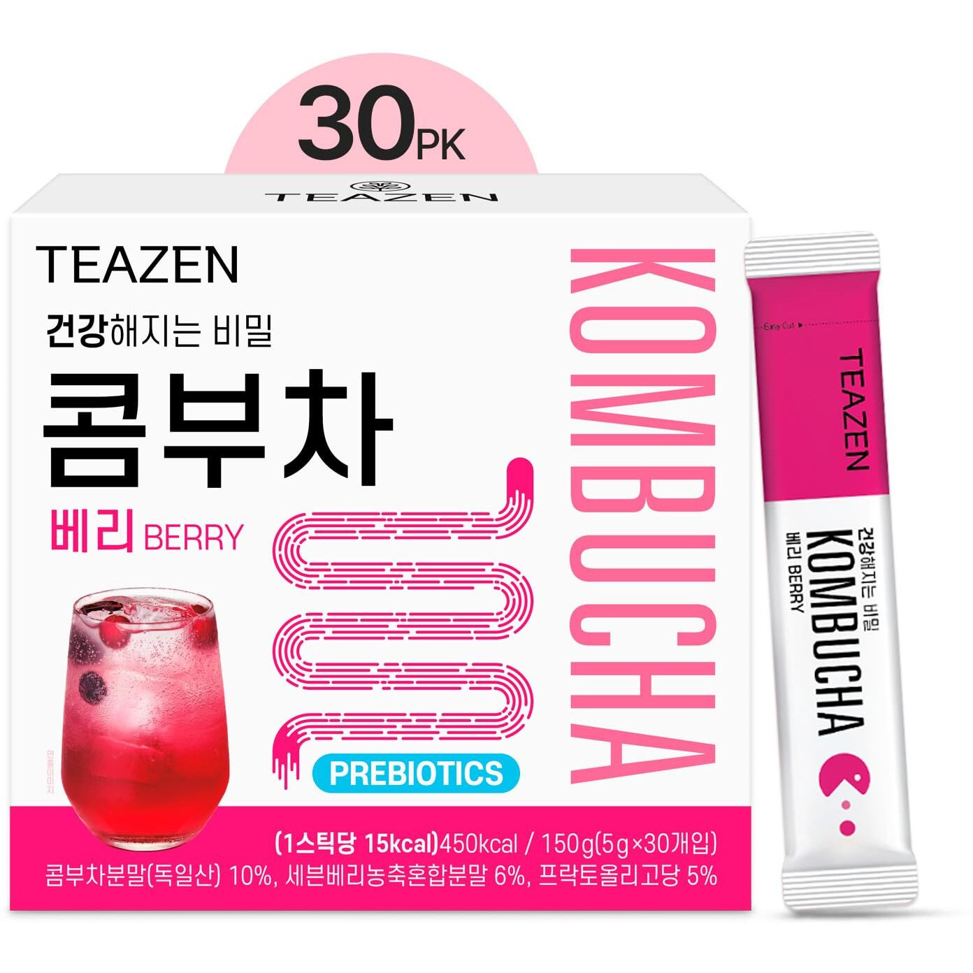 Teazen Berry Kombucha Tea, Hydration Drink Mix, Sugar Free, Live Probiotics & Prebiotics, 30 Sticks, 5.29Oz
