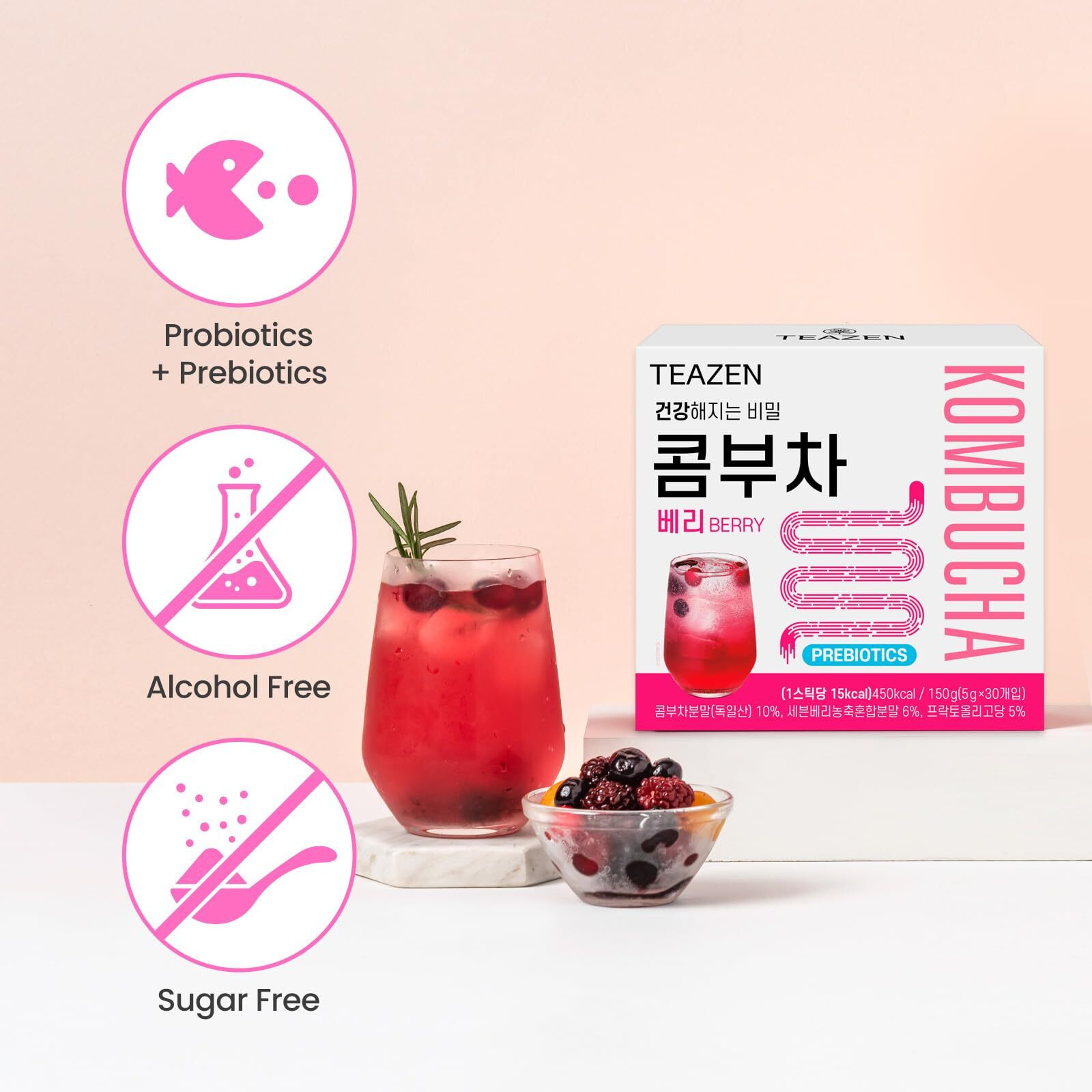Teazen Berry Kombucha Tea, Hydration Drink Mix, Sugar Free, Live Probiotics & Prebiotics, 30 Sticks, 5.29Oz