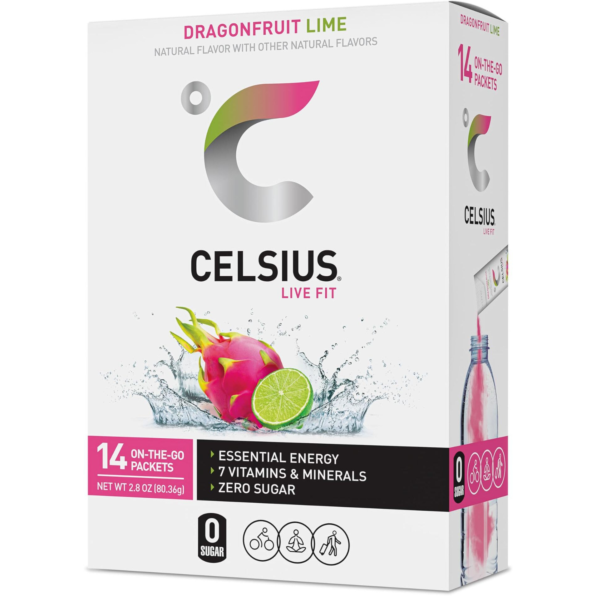 Celsius On-The-Go Powder Sticks Dragonfruit Lime, Essential Energy 2.8 Oz (14 Sticks Per Pack)
