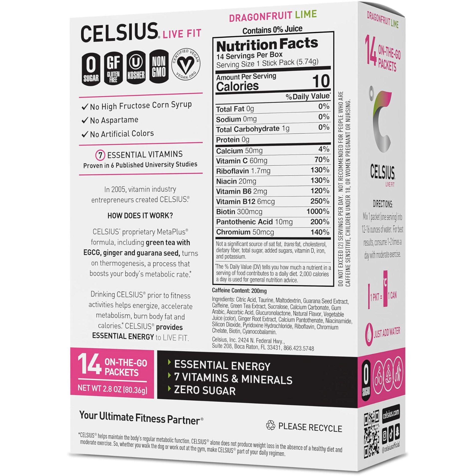 Celsius On-The-Go Powder Sticks Dragonfruit Lime, Essential Energy 2.8 Oz (14 Sticks Per Pack)