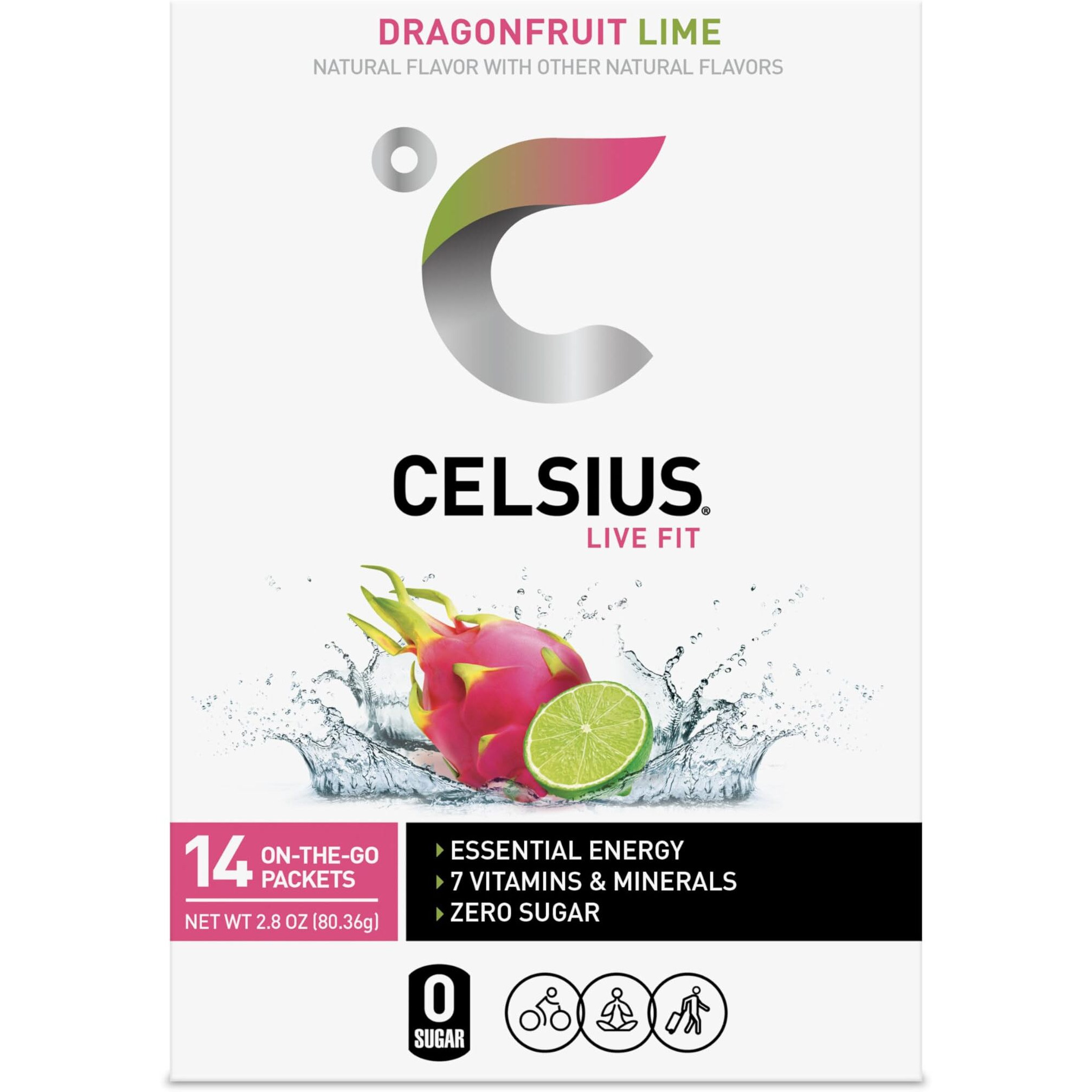 Celsius On-The-Go Powder Sticks Dragonfruit Lime, Essential Energy 2.8 Oz (14 Sticks Per Pack)