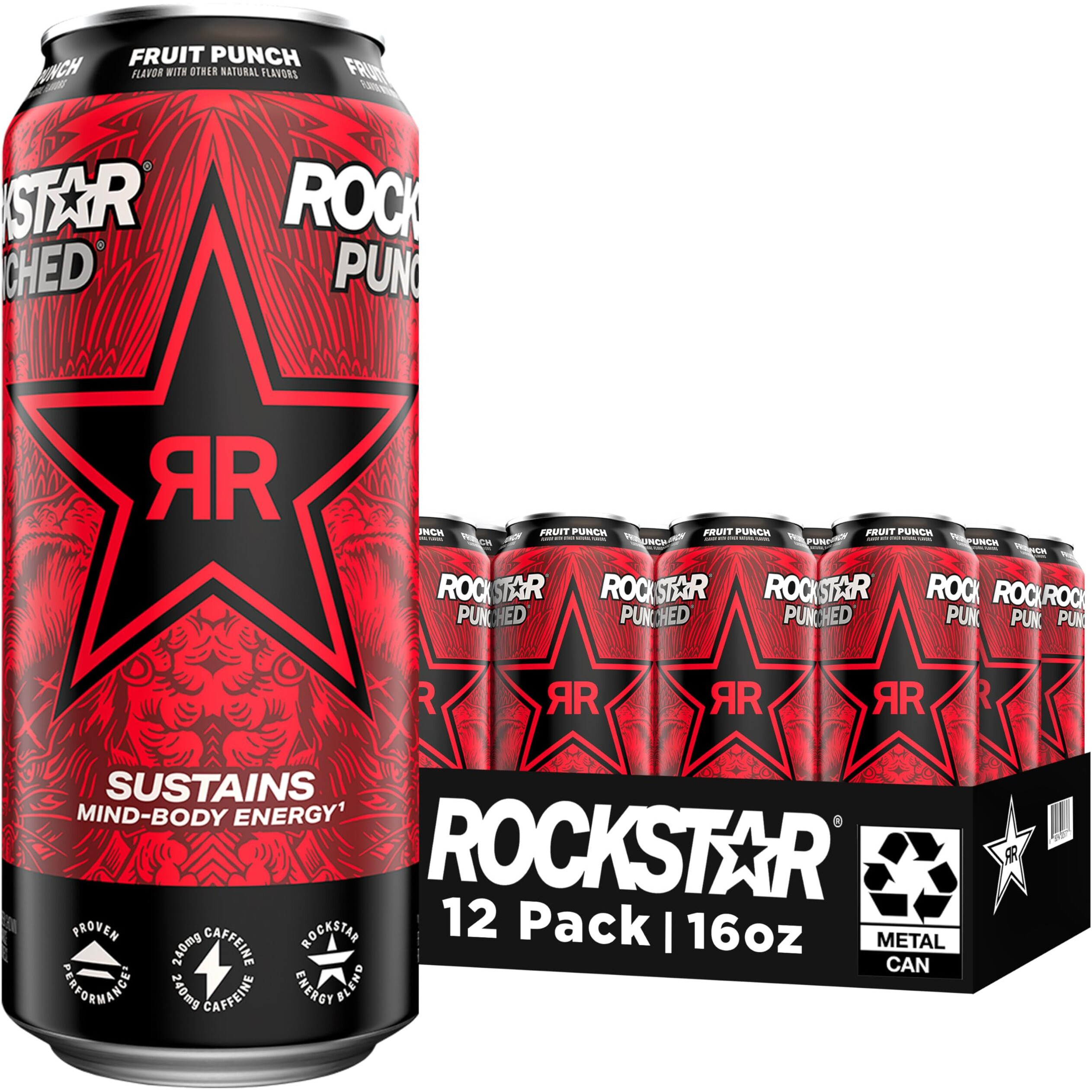 Rockstar Punched Energy Drink, Fruit Punch, 16 Fl Oz (Pack Of 12) (Packaging May Vary)