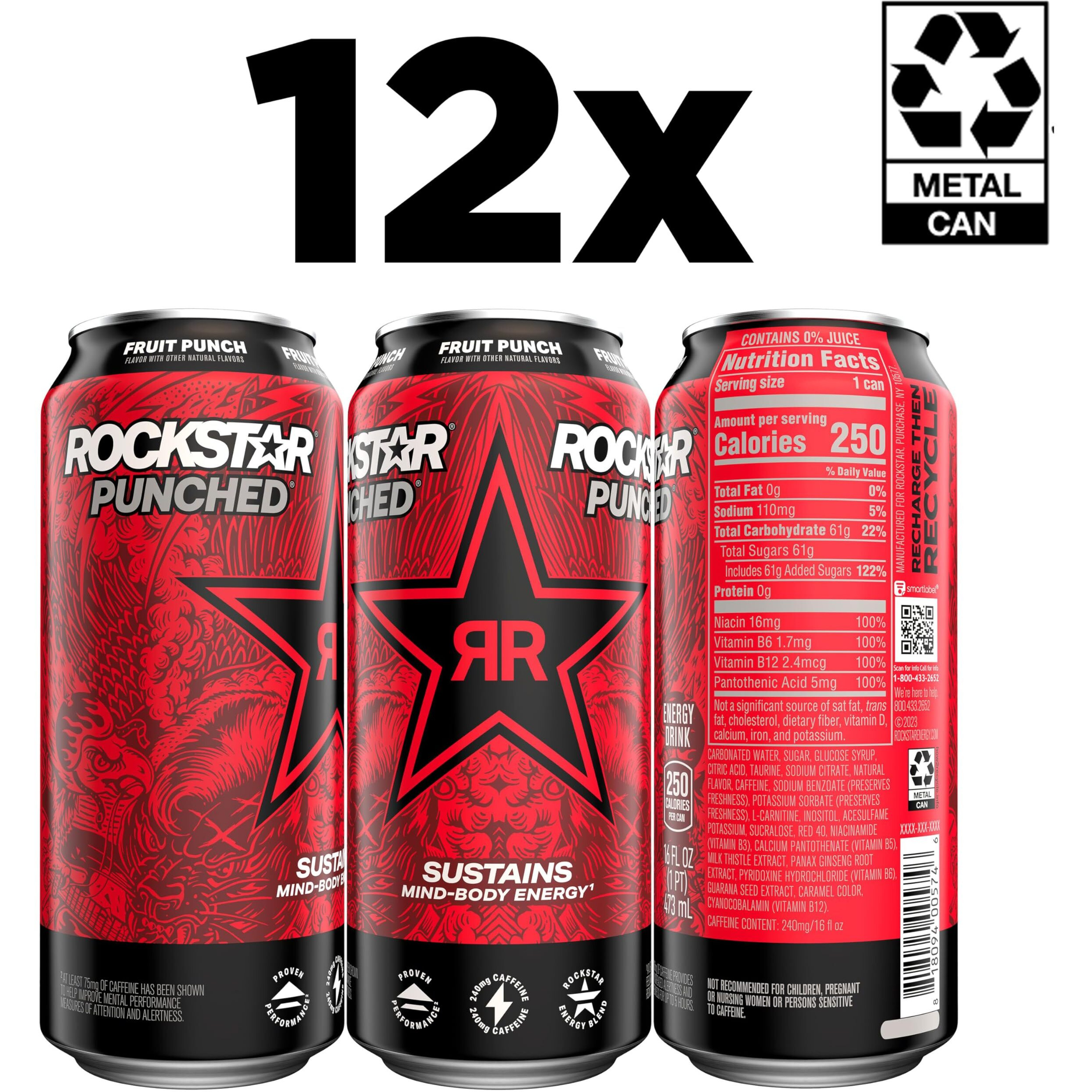 Rockstar Punched Energy Drink, Fruit Punch, 16 Fl Oz (Pack Of 12) (Packaging May Vary)