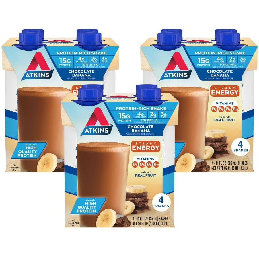 Atkins Chocolate Banana Protein Shake, 15G Protein, Low Glycemic, 4G Net Carb, 2G Sugar, Keto Friendly, 12 Count