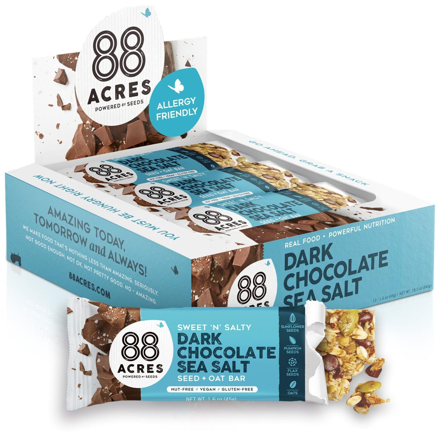88 Acres Granola Bars | Dark Chocolate Sea Salt | Gluten Free, Nut-Free Oat And Seed Snack Bar | Vegan & Non Gmo | 12 Pack