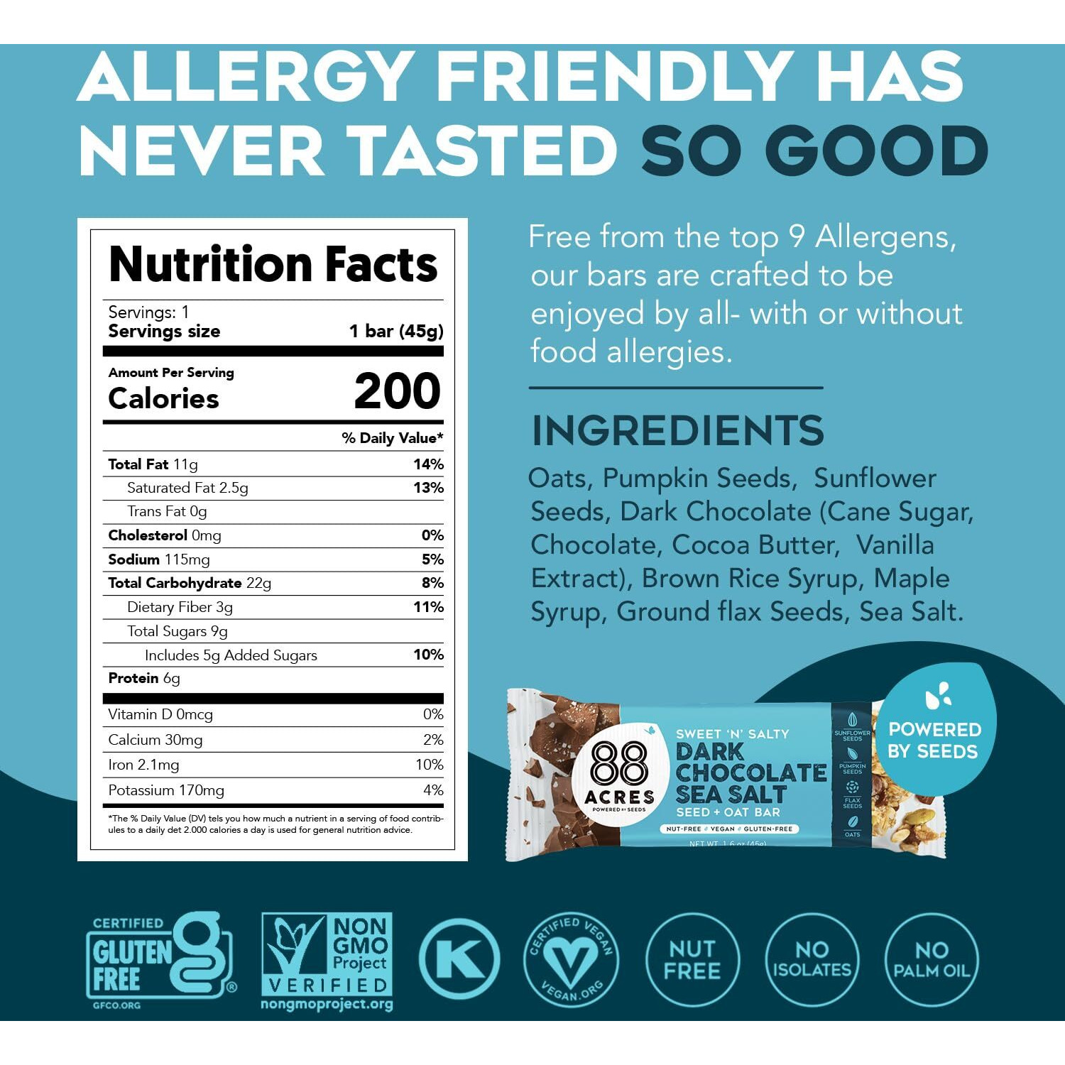 88 Acres Granola Bars | Dark Chocolate Sea Salt | Gluten Free, Nut-Free Oat And Seed Snack Bar | Vegan & Non Gmo | 12 Pack
