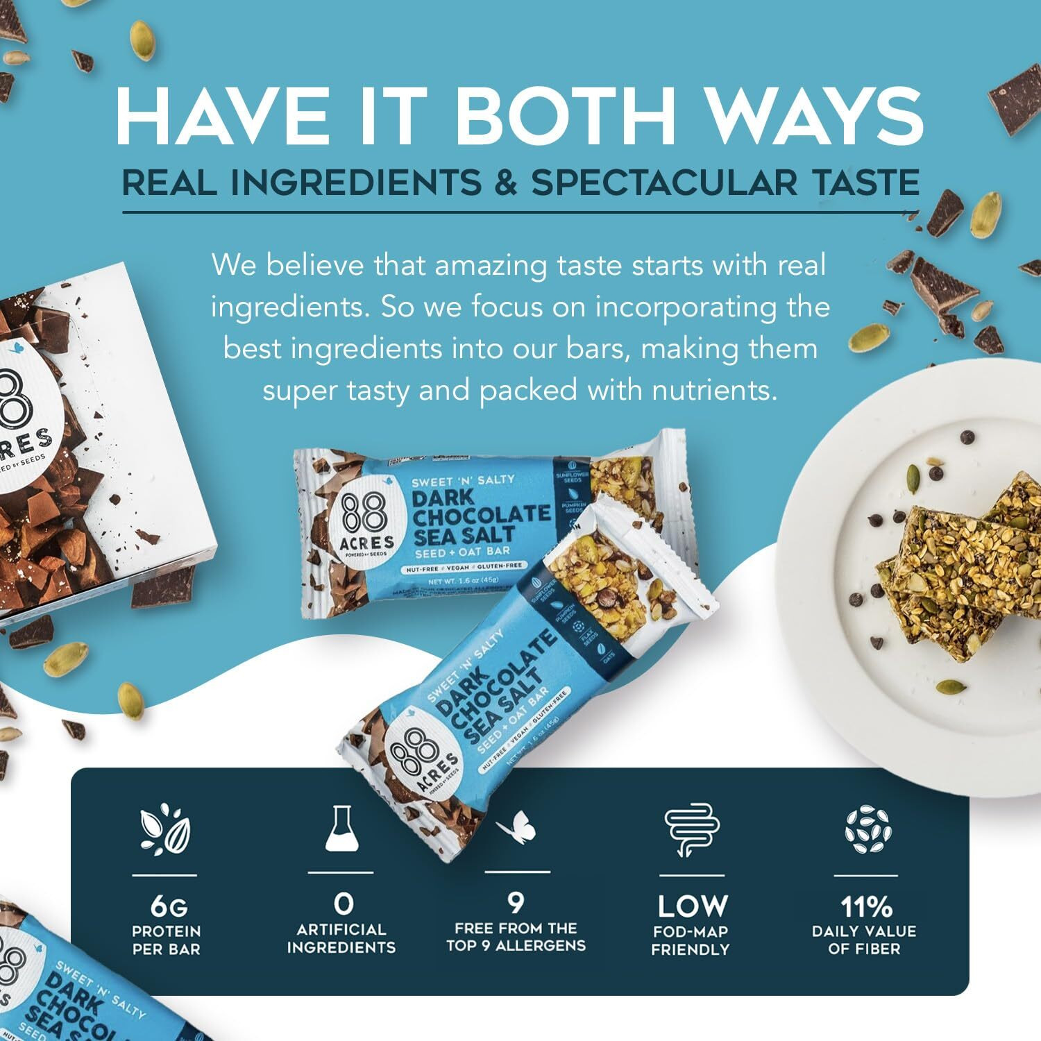 88 Acres Granola Bars | Dark Chocolate Sea Salt | Gluten Free, Nut-Free Oat And Seed Snack Bar | Vegan & Non Gmo | 12 Pack