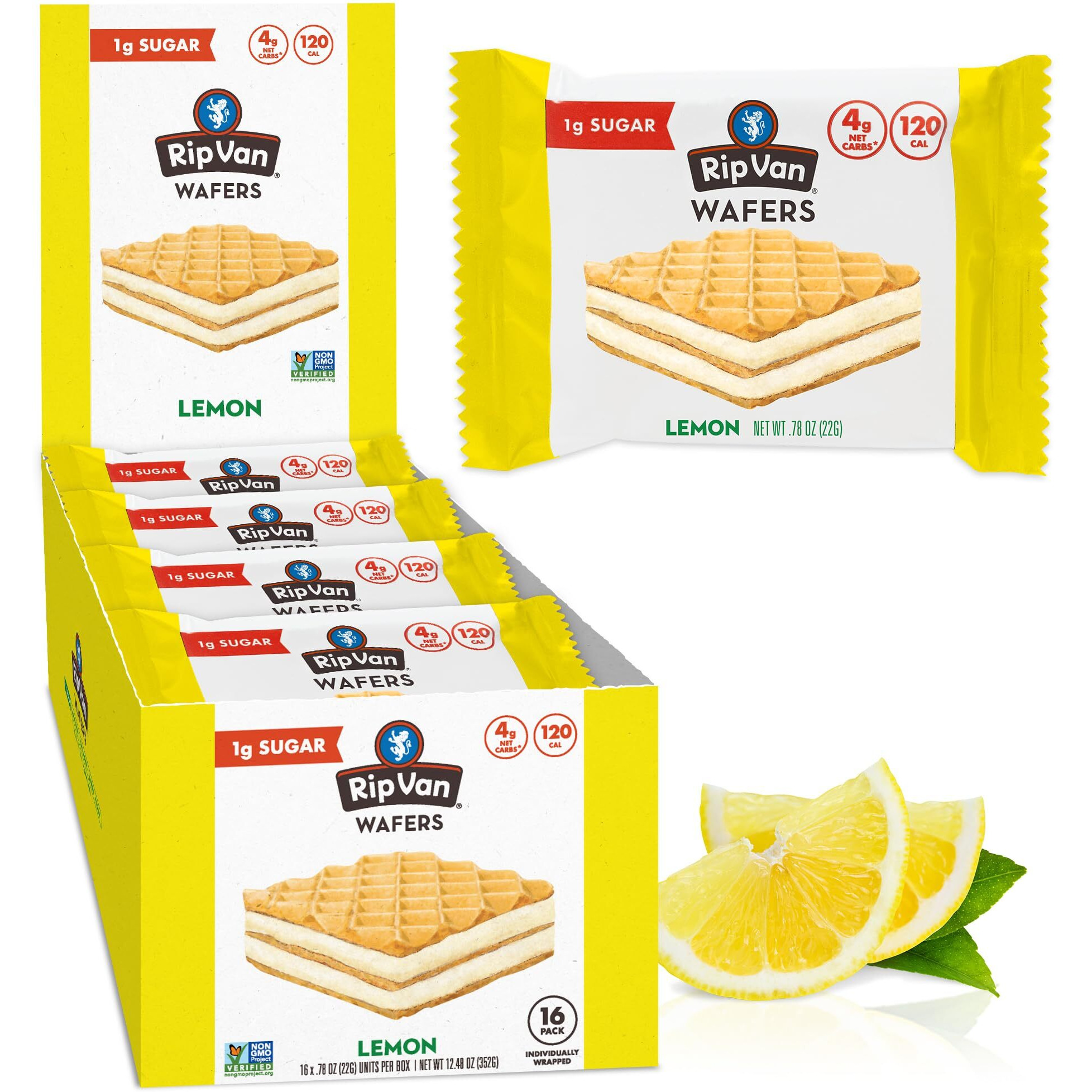 Rip Van Wafels Lemon Cookies, 16 Count, 1G Sugar, 4G Carbs, Vegan, Keto Friendly, Low Calorie, 0G Trans Fat, 120 Calories, 6G Fiber