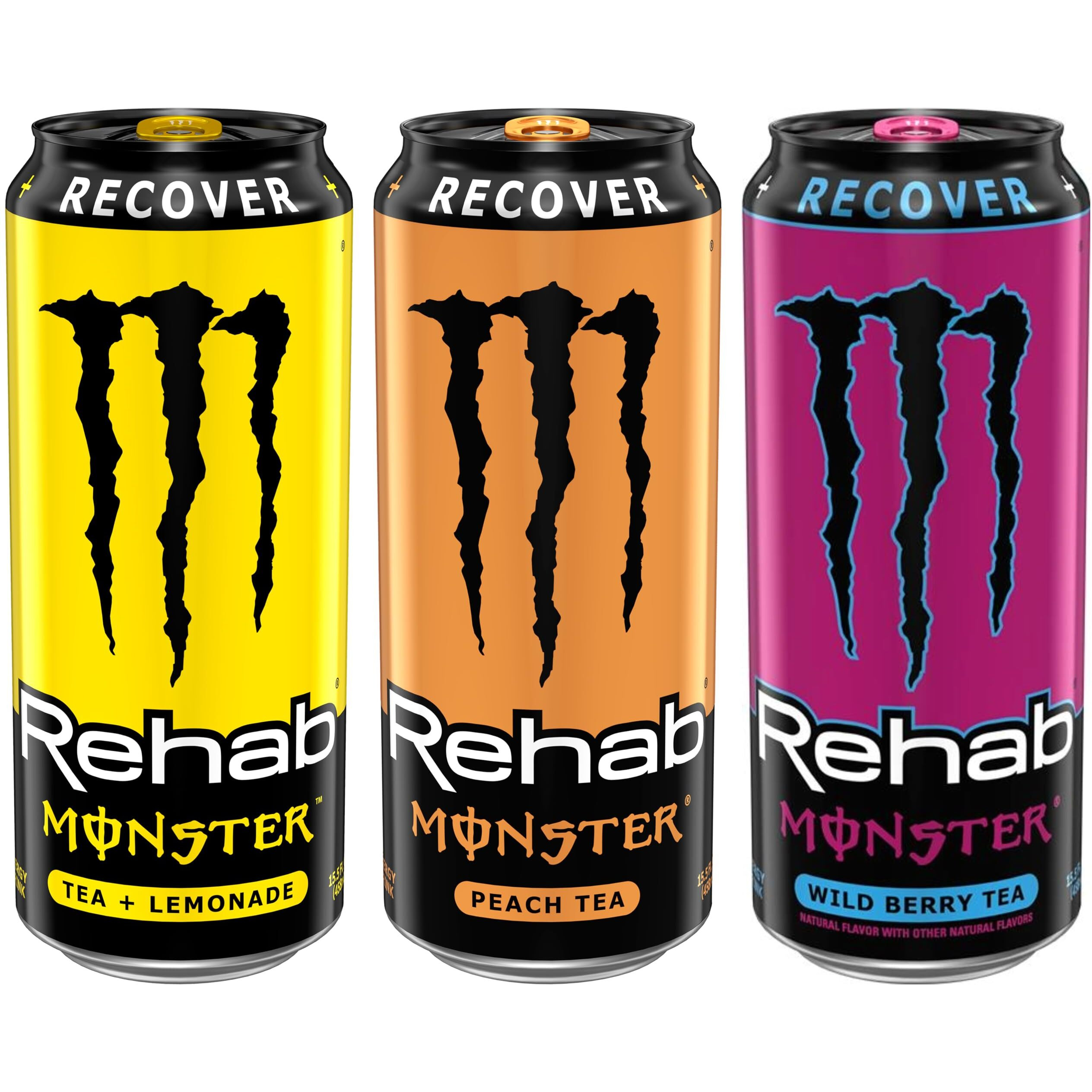 Monster Energy Rehab Tea + Lemonade, Peach Tea, Wild Berry Tea, Variety Pack, Energy Iced Tea,15.5 Ounce (Pack Of 15)