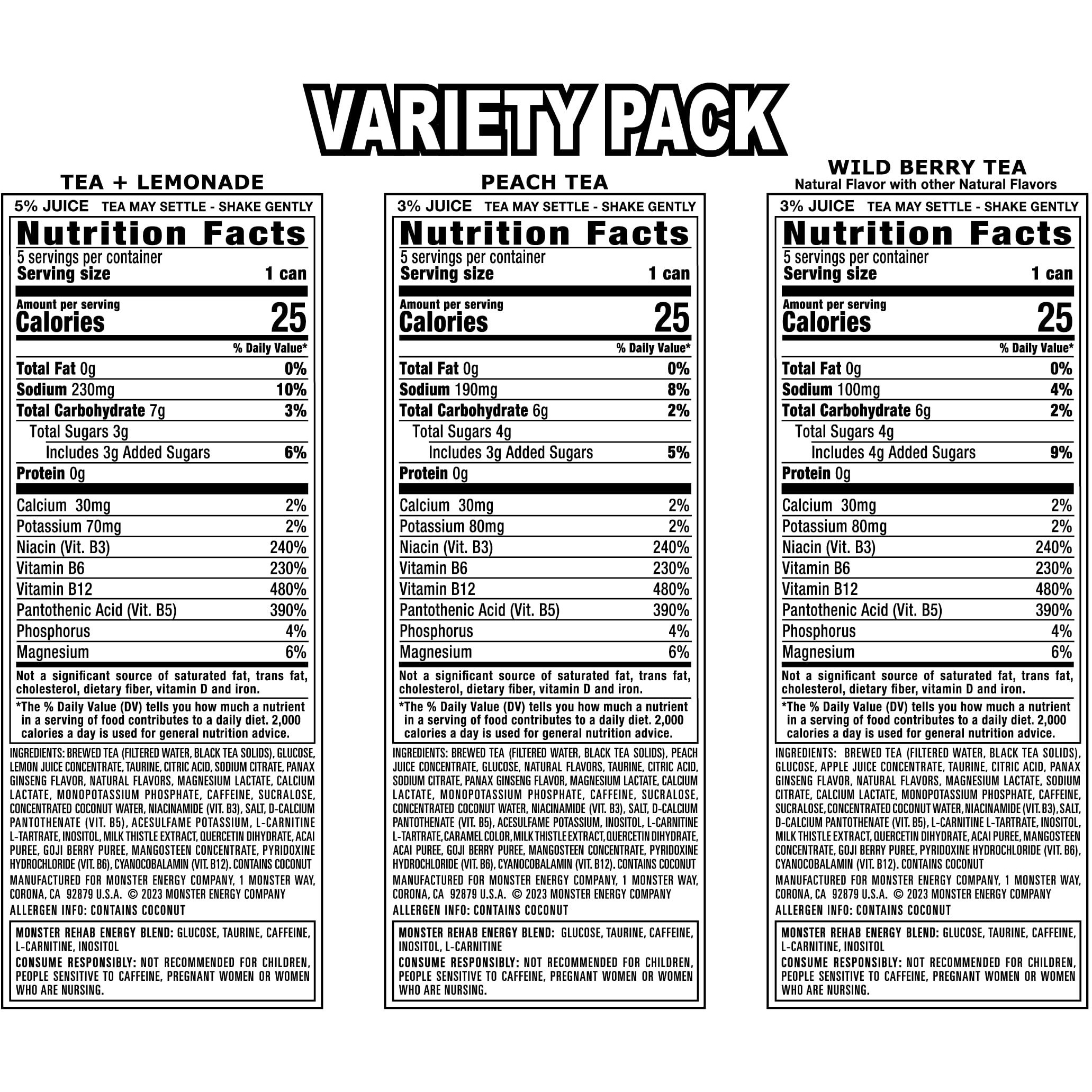 Monster Energy Rehab Tea + Lemonade, Peach Tea, Wild Berry Tea, Variety Pack, Energy Iced Tea,15.5 Ounce (Pack Of 15)