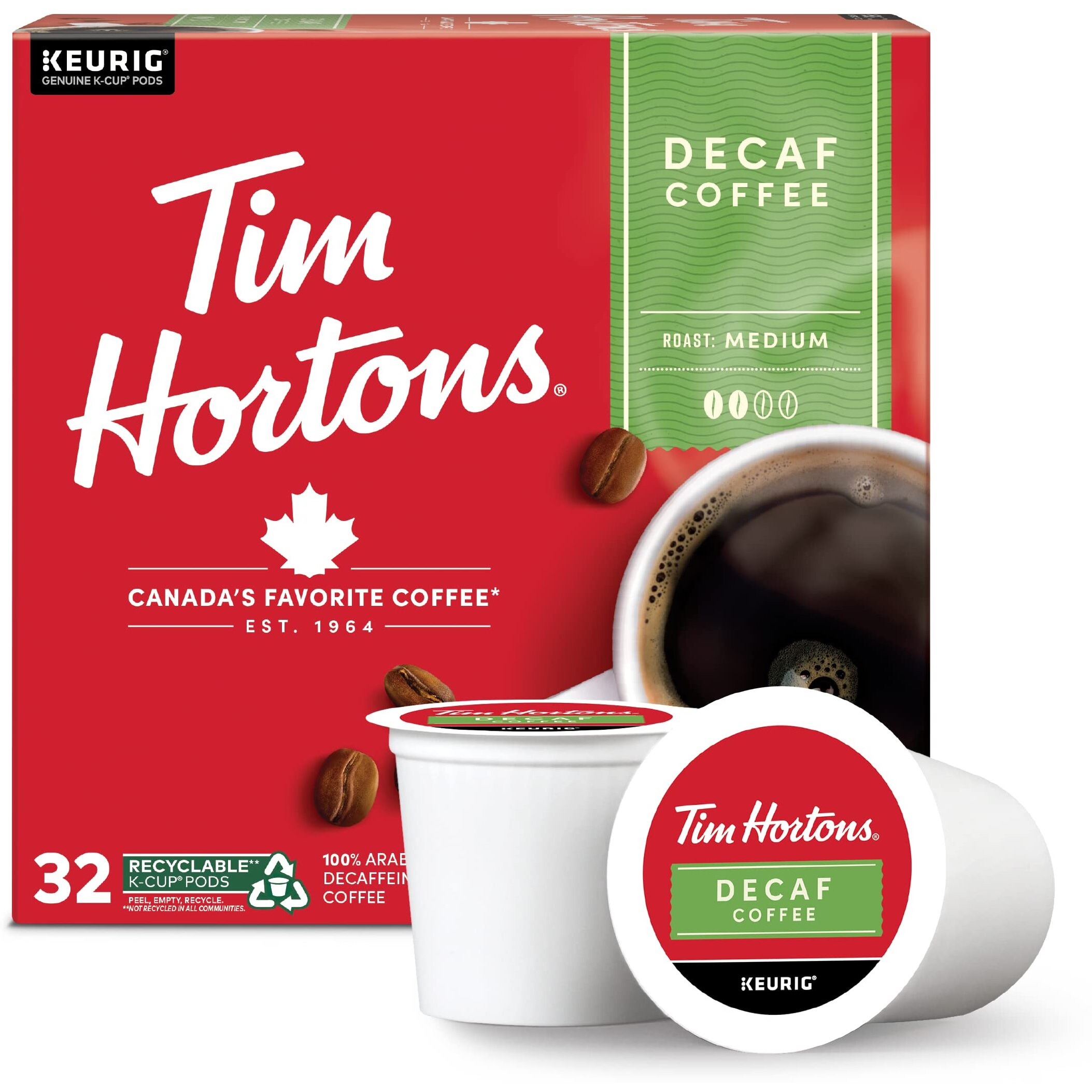 Tim Hortons Decaf, Medium Roast Coffee, Single-Serve K-Cup Pods Compatible With Keurig Brewers, 32Ct K-Cups, Red