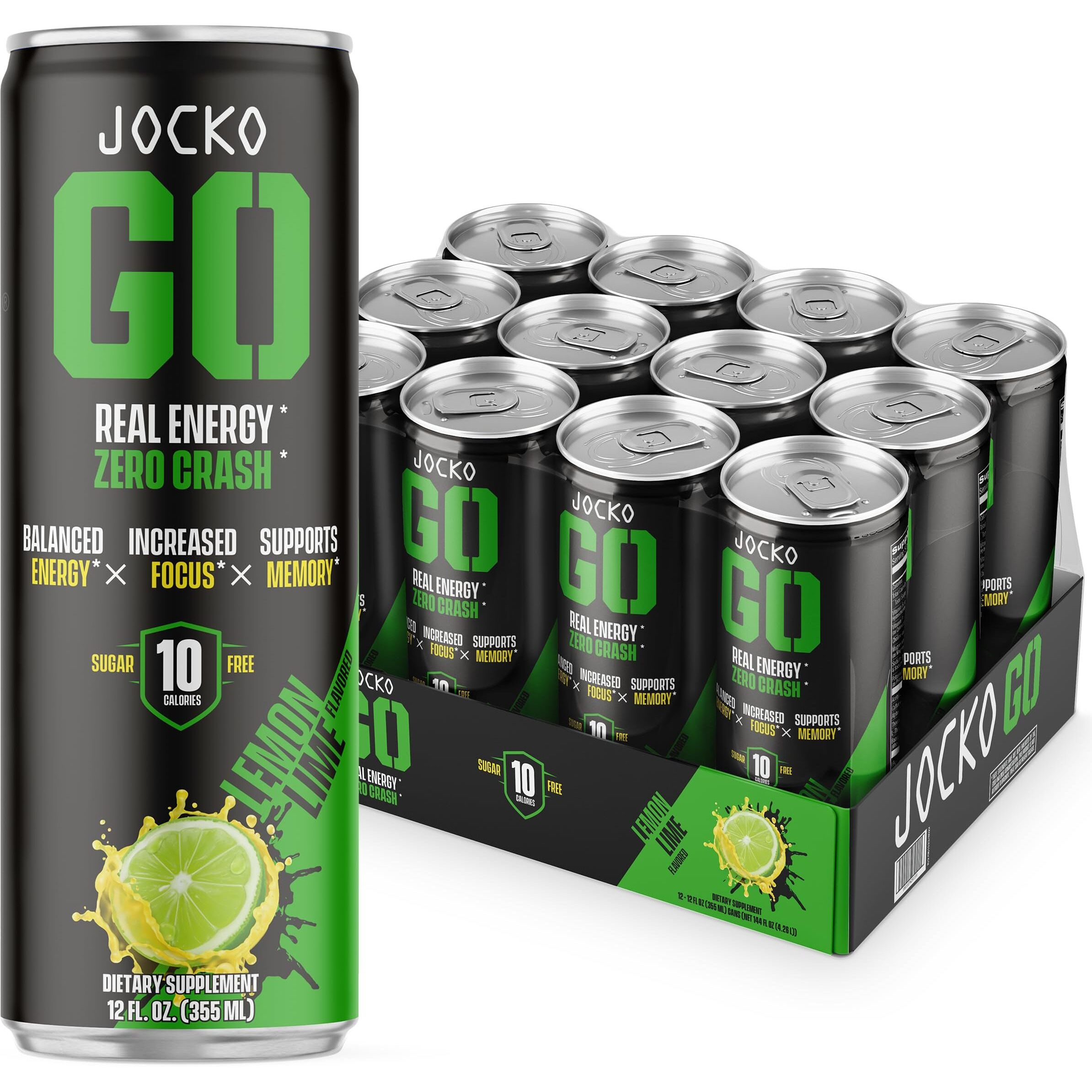 Jocko Go Energy Drink - Keto, Vitamin B12, Vitamin B6, Electrolytes, L Theanine, Magnesium- All Natural Energy Boost, Sugar Free Nootropic Monk Fruit Blend - 12 Pack (Lemon Lime)