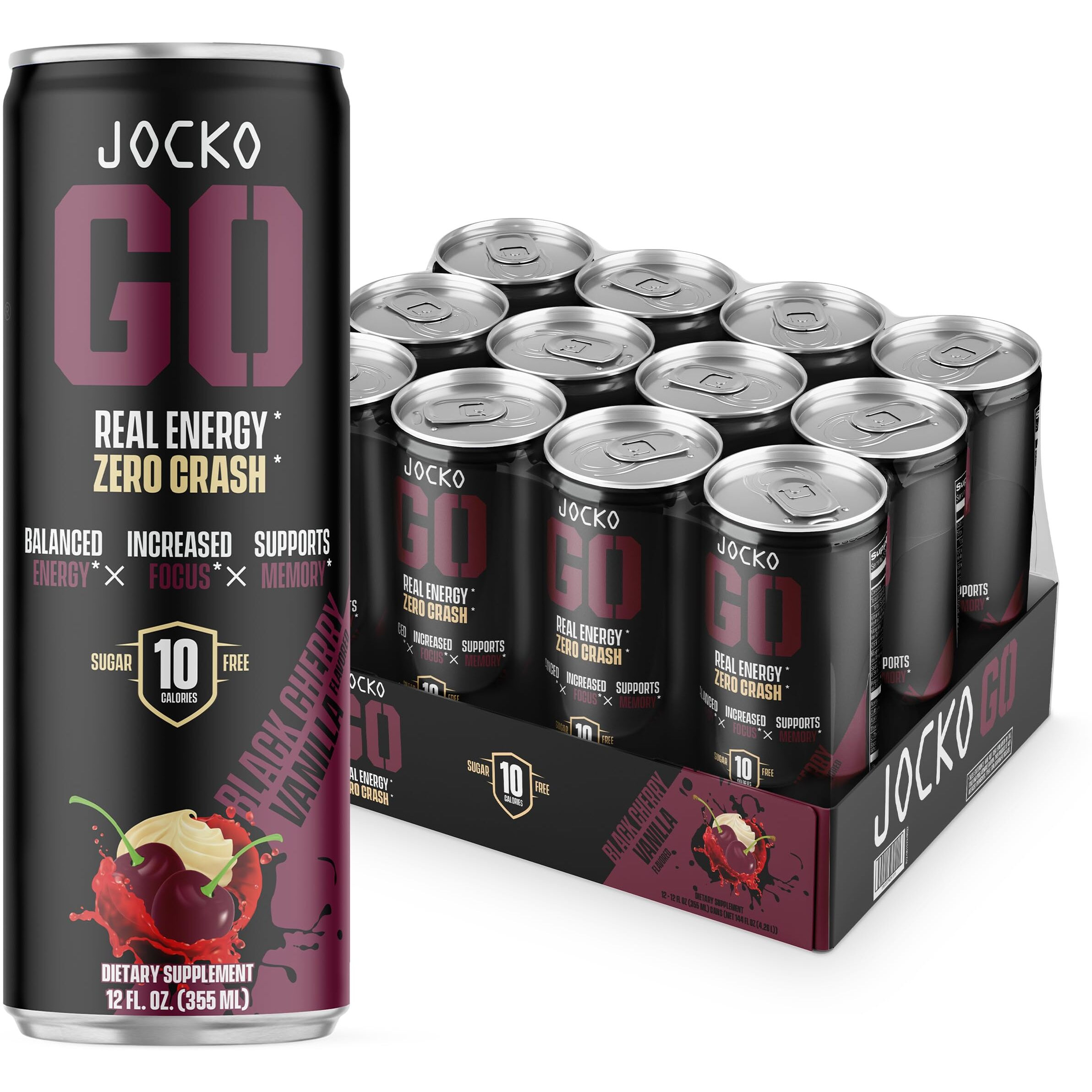 Jocko Go Energy Drink - Keto, Vitamin B12, Vitamin B6, Electrolytes, L Theanine, Magnesium- All Natural Energy Boost, Sugar Free Nootropic Monk Fruit Blend - 12 Pack (Cherry Vanilla Flavor)
