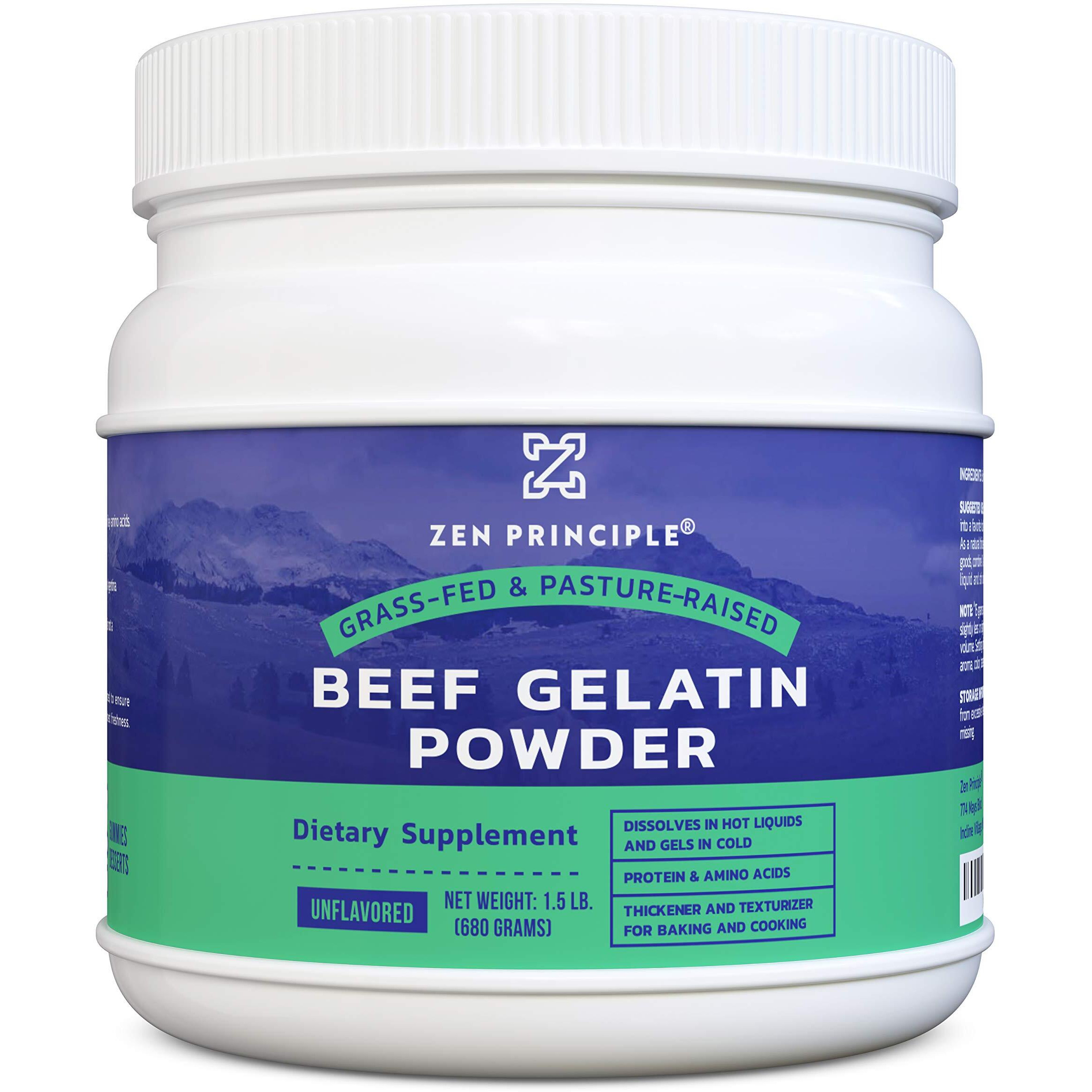 Zen Principle Grass-Fed Gelatin Powder, 1.5 Lb. Custom Anti-Aging Protein For Healthy Hair, Skin, Joints & Nails. Paleo And Keto Friendly. Cooking And Baking. Gmo-Free And Gluten-Free. Unflavored.