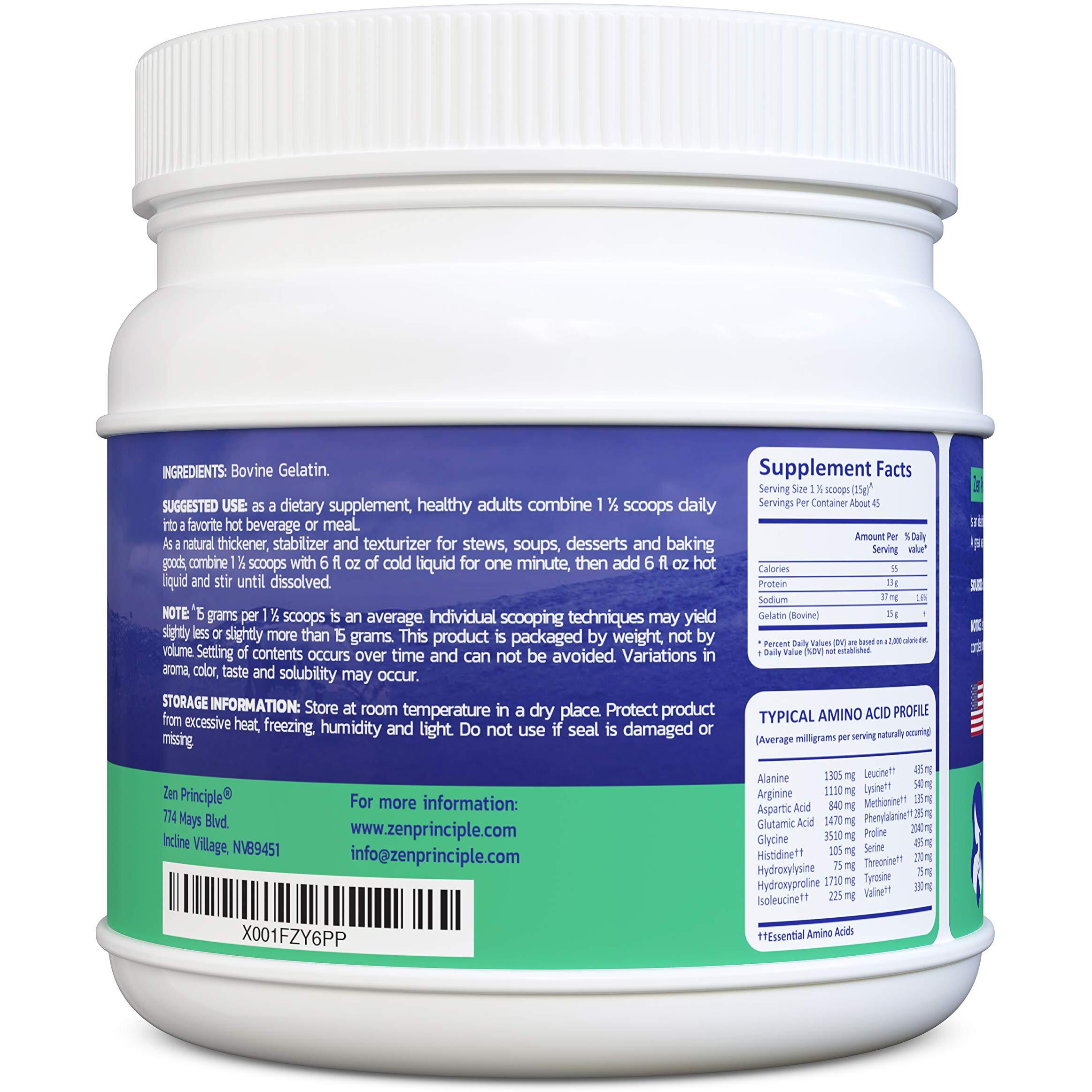 Zen Principle Grass-Fed Gelatin Powder, 1.5 Lb. Custom Anti-Aging Protein For Healthy Hair, Skin, Joints & Nails. Paleo And Keto Friendly. Cooking And Baking. Gmo-Free And Gluten-Free. Unflavored.