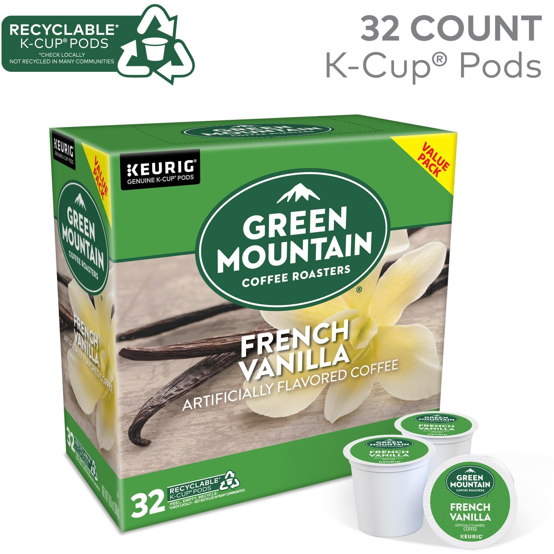 Green Mountain Coffee Roasters French Vanilla Coffee, Keurig Single-Serve K-Cup Pods, Light Roast, 32 Count