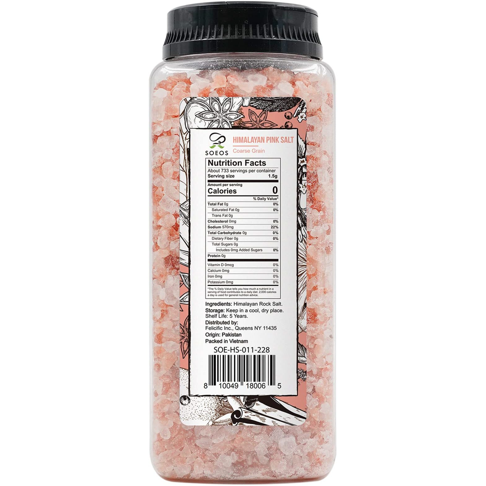 Soeos Himalayan Salt, Coarse Grain, 39Oz (2.4 Pound), Non-Gmo Himalayan Pink Salt, Kosher Salt, Sea Salt For Grinder Refill