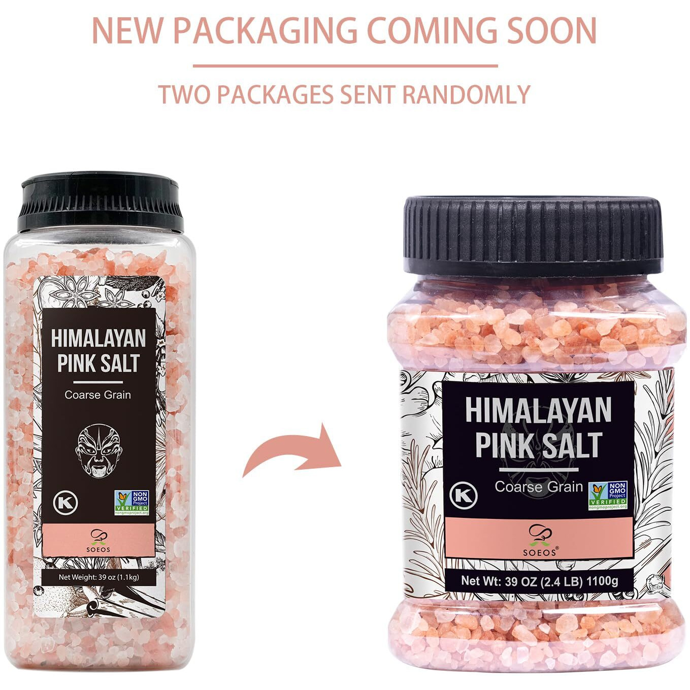 Soeos Himalayan Salt, Coarse Grain, 39Oz (2.4 Pound), Non-Gmo Himalayan Pink Salt, Kosher Salt, Sea Salt For Grinder Refill