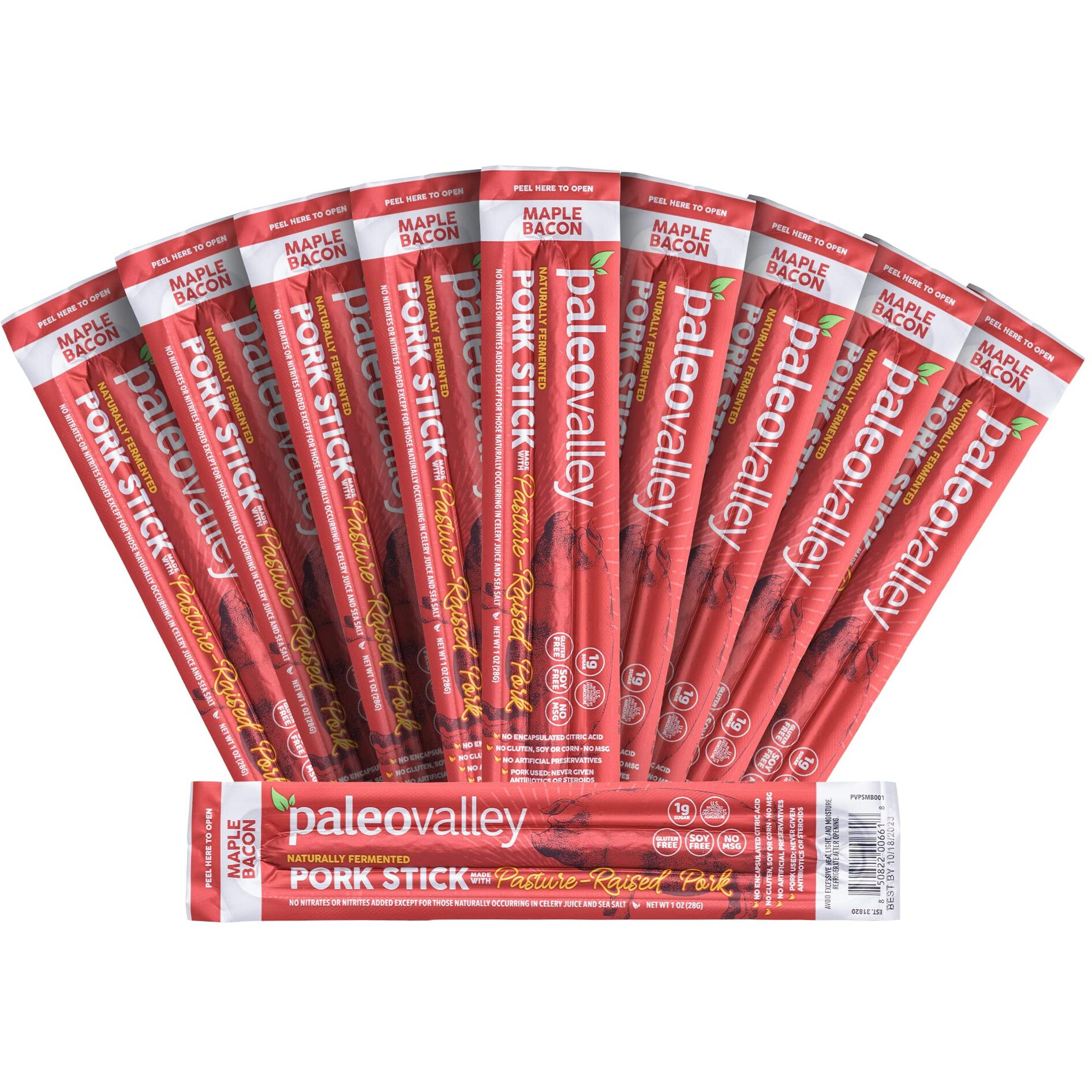 Paleovalley Pasture-Raised Pork Sticks - Maple Bacon Flavor Meat Sticks Individually Wrapped, 28G - 10 Sticks - Gluten-Free Protein Snack